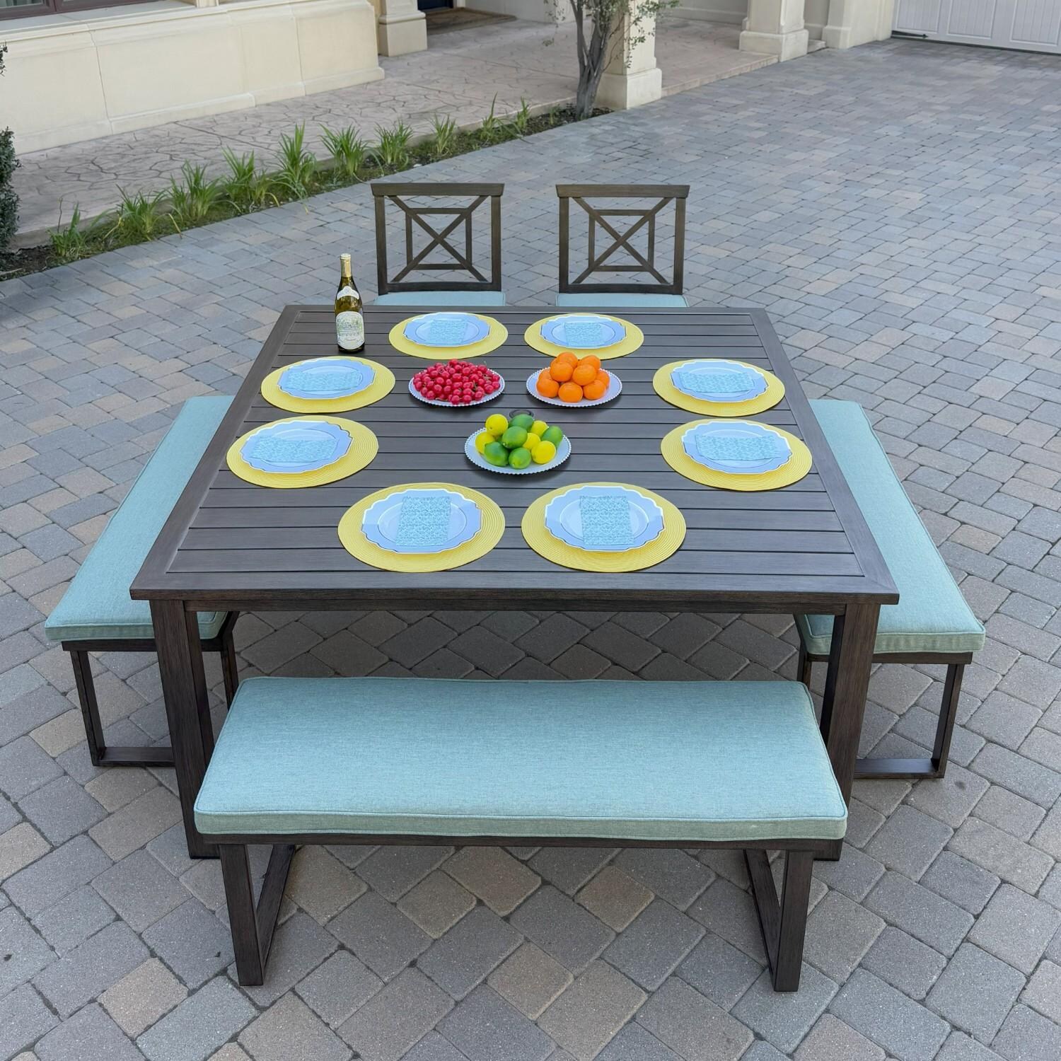 Atlantis 6 Pc Aluminum Dining Set w/ 2 Dining Side Chairs & 3 Two Person Benches in Walnut/Beige by Darlee - Hero - Lifestyle thumbnail