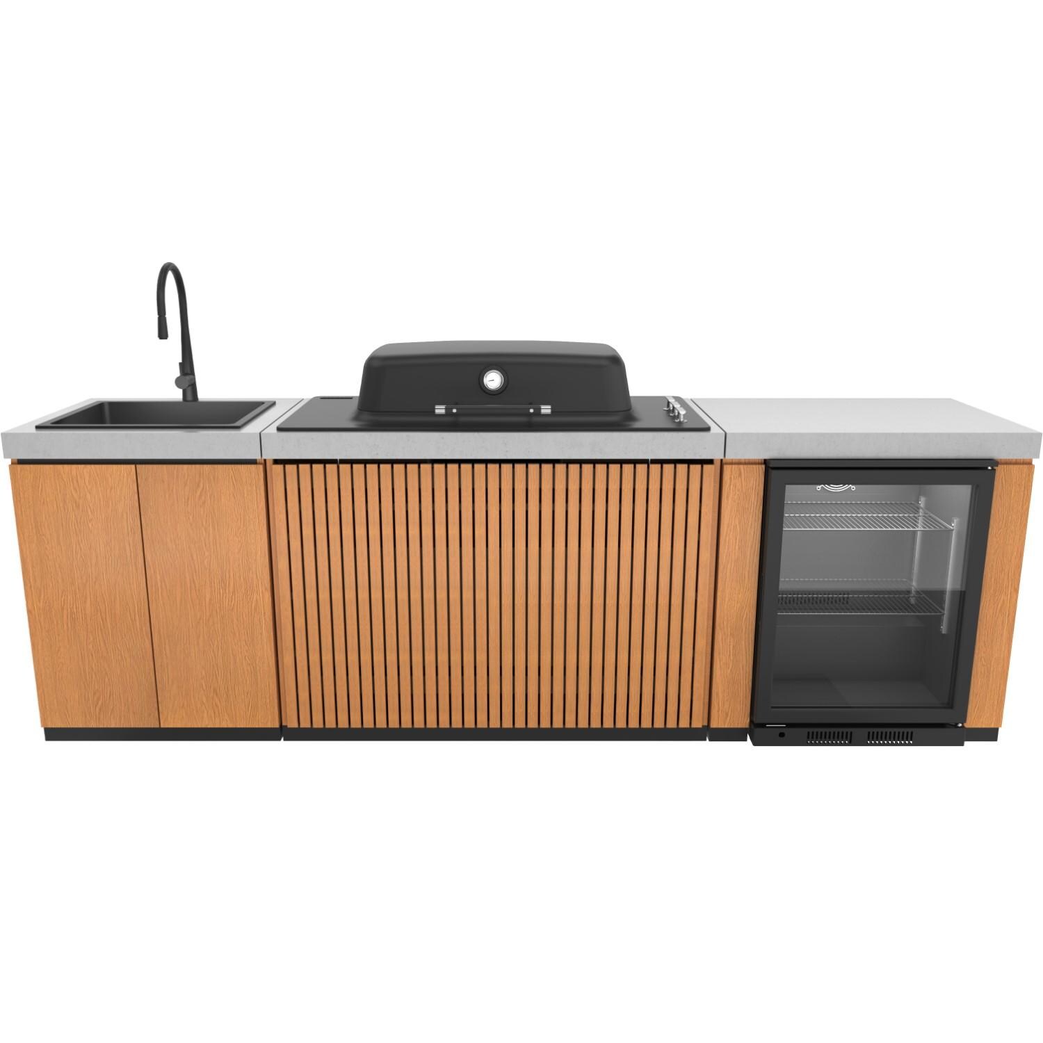 Everdure 9 Ft Outdoor Kitchen Island w/ Marine Grade Aluminum Cabinets in Timber Effect - White Background thumbnail