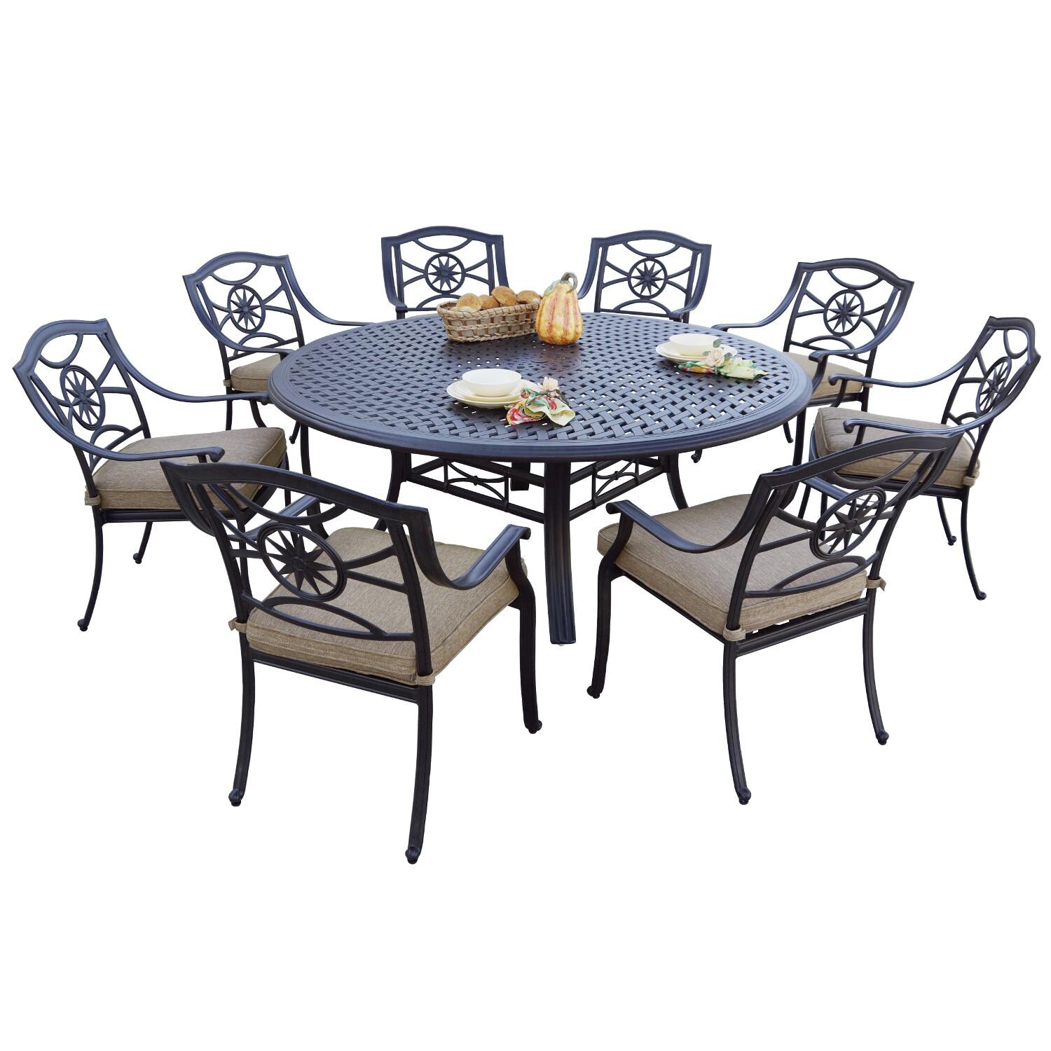 Ten Star 9 Piece Cast Aluminum Patio Dining Set W/ 71 Inch Round Table & Sesame Cushions By Darlee thumbnail