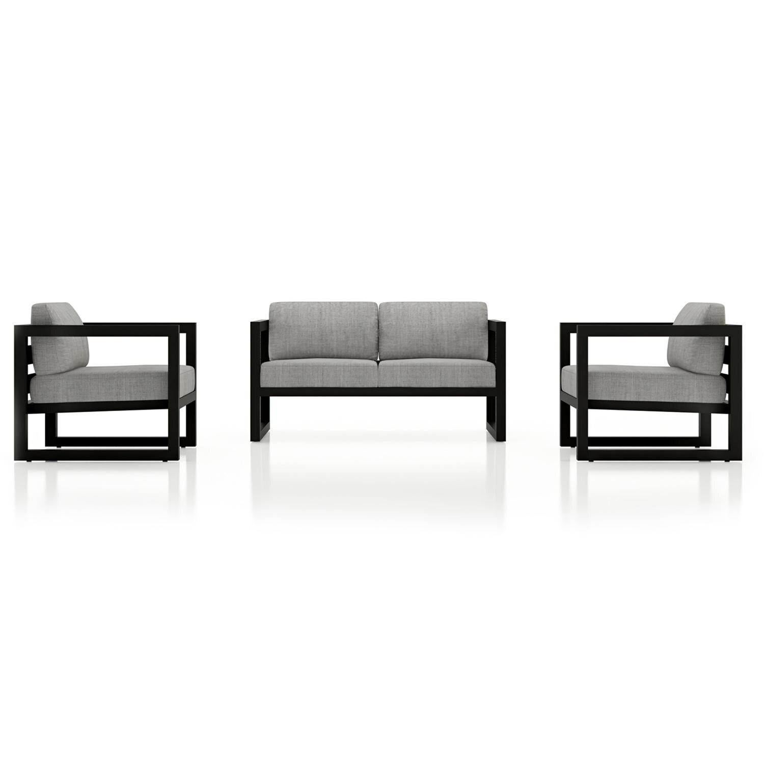 Lakeview MSTYCV-BK-3LSS-CS Misty Cove 3 Pc Aluminum Seating Set in Black w/Loveseat & Cast Silver Cushions by Lakeview Outdoor Designs - Set Front View - White Background thumbnail