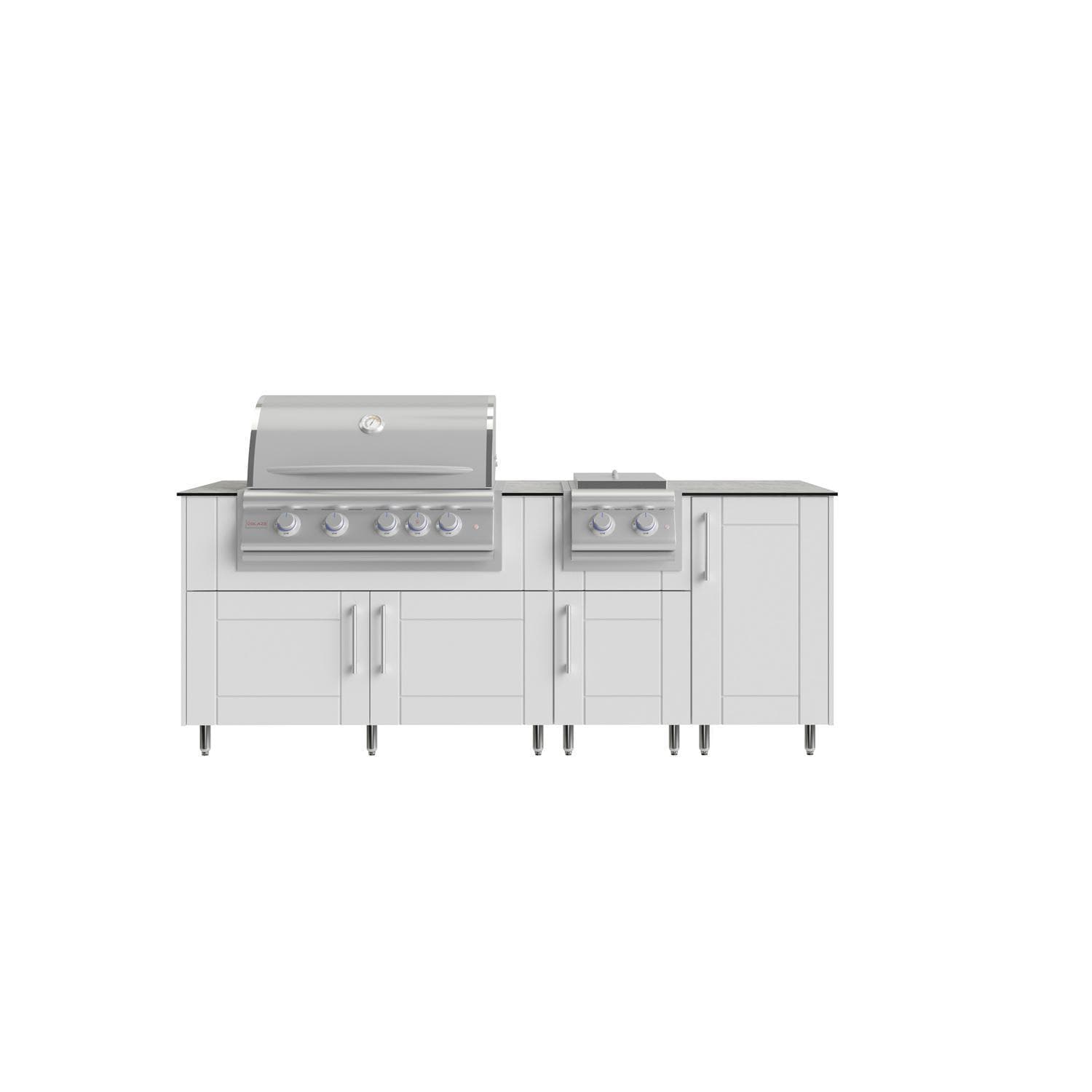 WeatherStrong Abaco 7 Ft Outdoor Kitchen Island w/ Blaze Propane Grill & Side Burner in Shell White/Glacier Frost - Island - White Background thumbnail