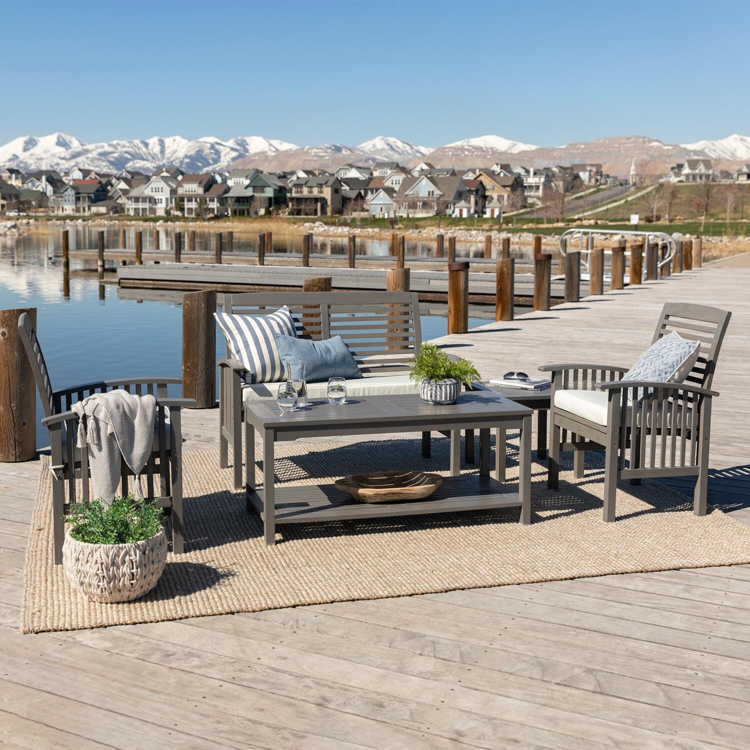 Ultimate Patio 5 Piece Acacia Patio Conversation Set W/ 48 X 24 Inch Rectangular Table - Gray Wash thumbnail