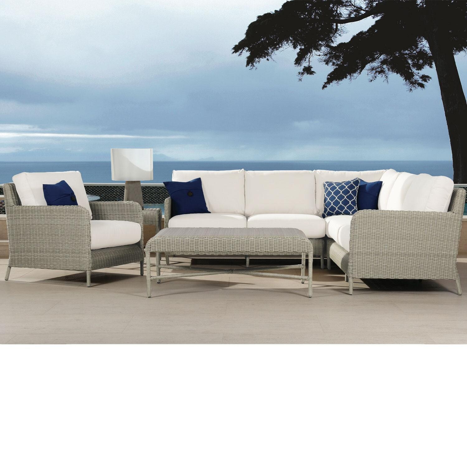 Manhattan Wicker Patio Club Chair in Spectrum Indigo w/ Self Welt By Sunset West - By The Pool - Styled W/ Furniture Shown in Canvas Natural finish (Sold Separately) - Lifestyle thumbnail