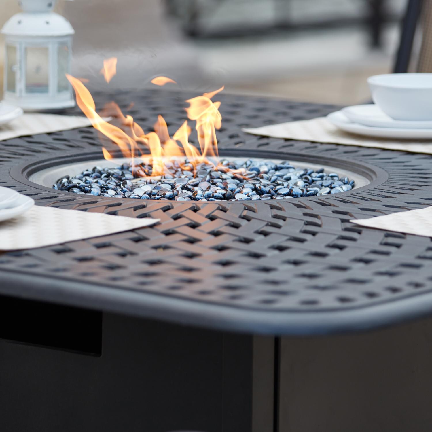 Darlee 501210-9PC-60GW Victoria 9 Piece Resin Wicker Patio Fire Pit Dining Set W/ 64 Inch Square Table - Table Detail thumbnail