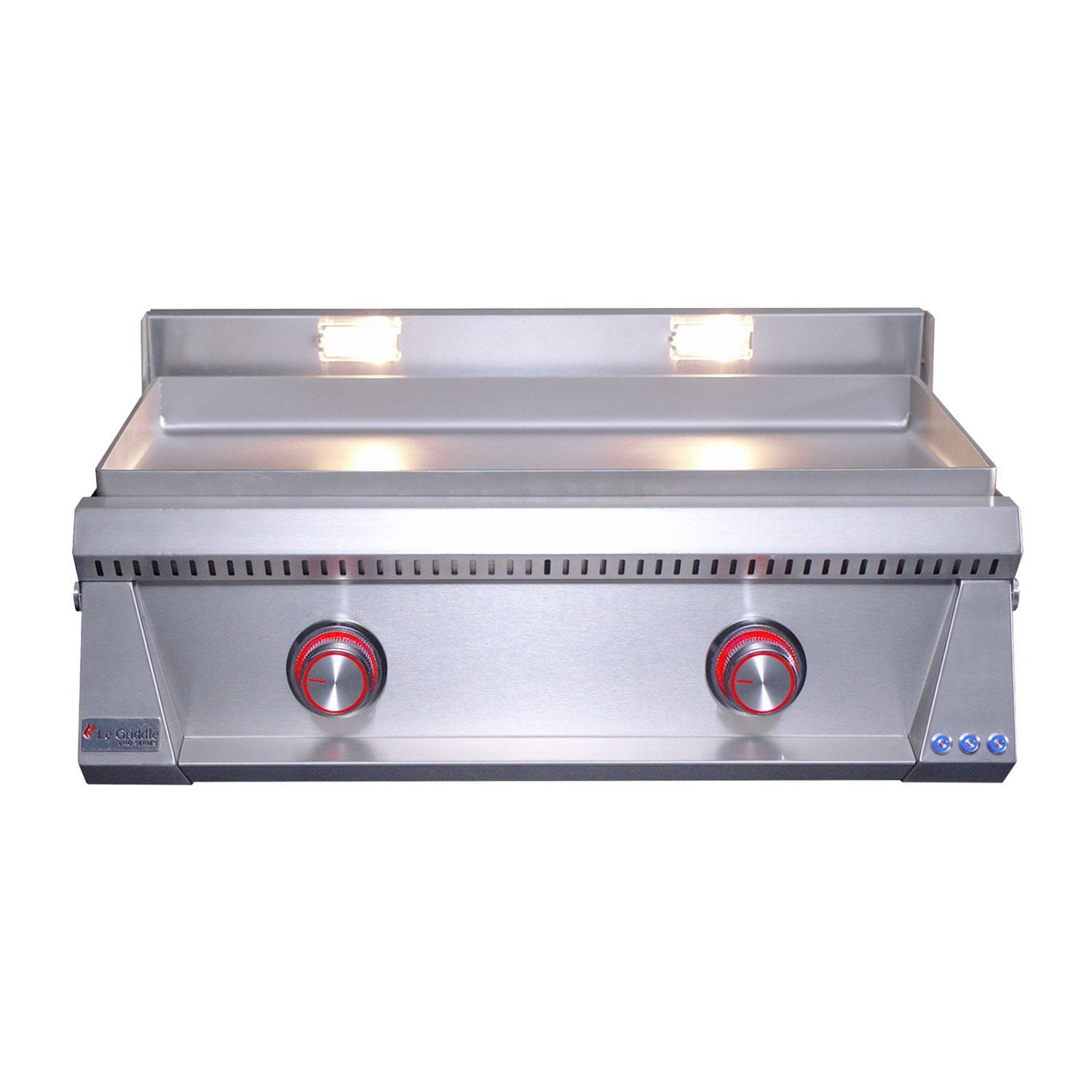 Le Griddle Pro Series 75 30-in 2 Burner Built-In Propane Flat Top Grill w/ 6mm Plate & Lid - Burner On Red LED Knob - White Background thumbnail