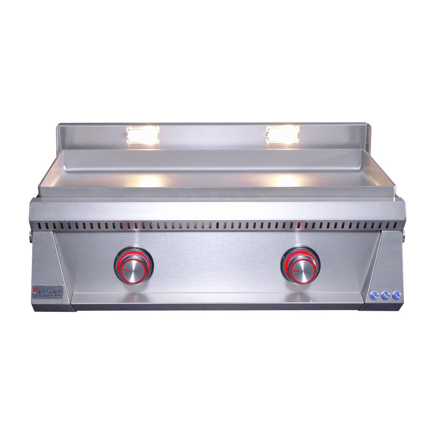 Le Griddle Pro Series 75 30-in 2 Burner Built-In Propane Flat Top Grill w/ 6mm Plate & Lid - Burner On Red LED Knob - White Background thumbnail