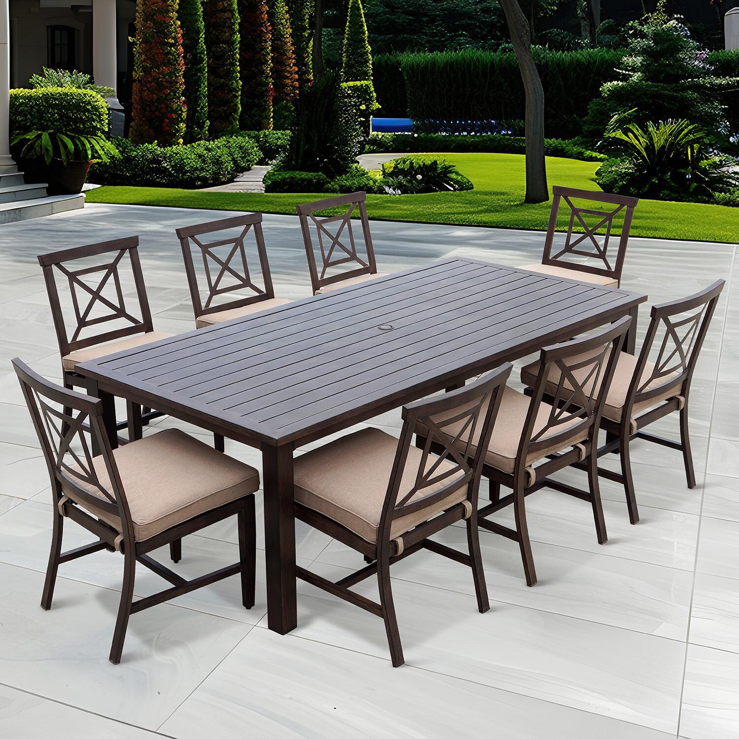 Atlantis 9 Pc Aluminum Dining Set w/ 88 Inch Table and Beige Cushions in Walnut By Darlee - Angled View - Lifestyle thumbnail