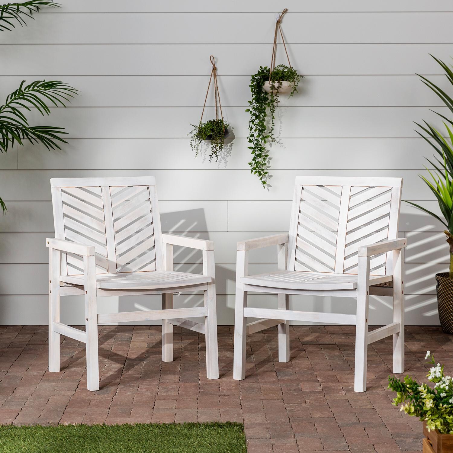 Walker Edison Vincent 2 Piece Acacia Patio Dining Arm Chair Set - White Wash image