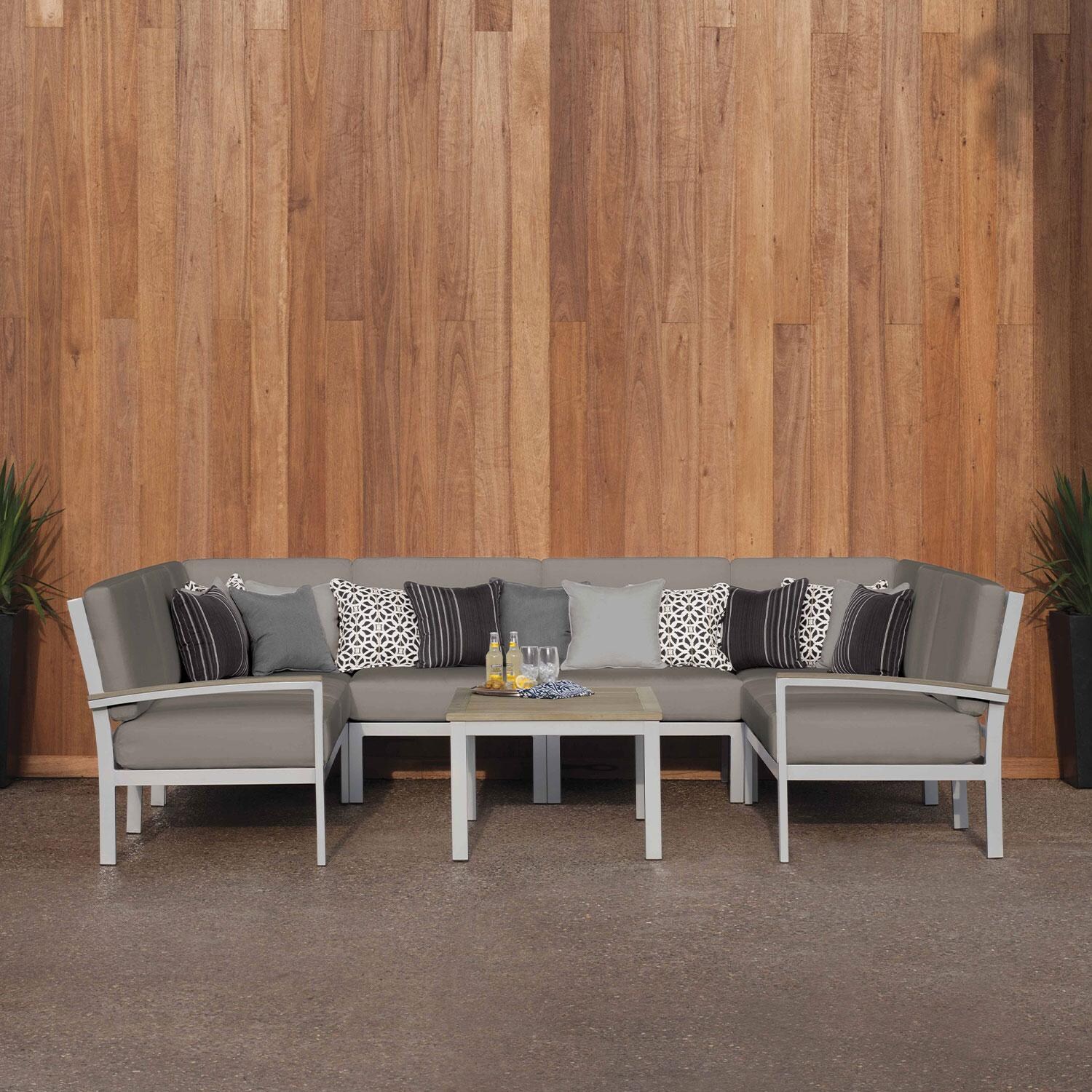 Travira 7 Pc Powder-Coated Aluminum Seating Set in Stone/Vintage/Flint By Oxford Garden - Lifestyle thumbnail