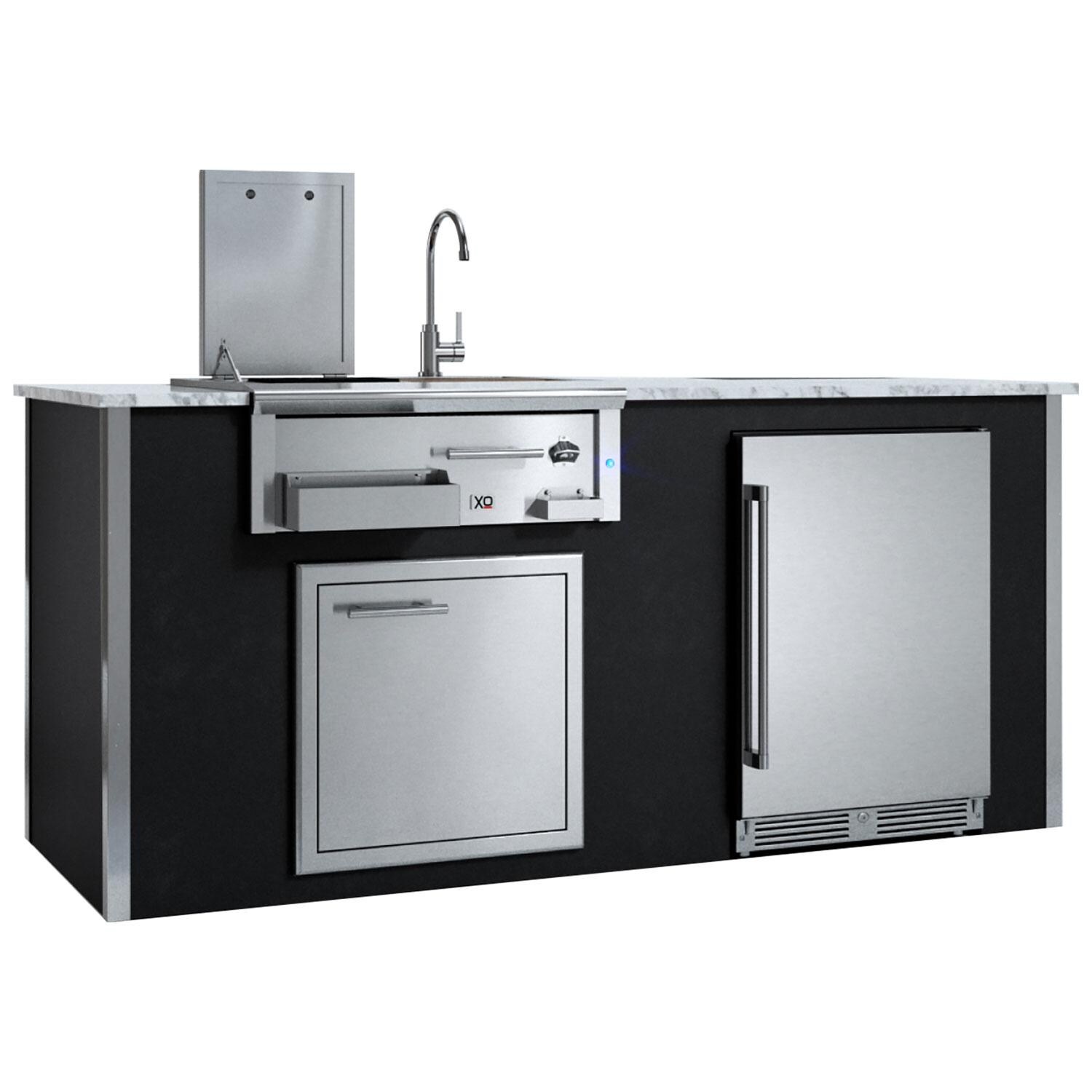 XO Designer 7 Ft Outdoor Kitchen Island w/ Cocktail Pro Station, Single Door, & Outdoor Refrigerator in Black