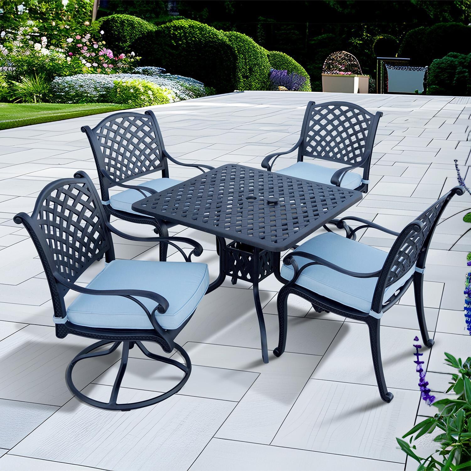 Darlee Nassau 5-Piece Patio Dining Set (with 2 Swivel Rockers) with Sky Blue Cushions and 36 Inch Square Dining Table - Set - Lifestyle thumbnail