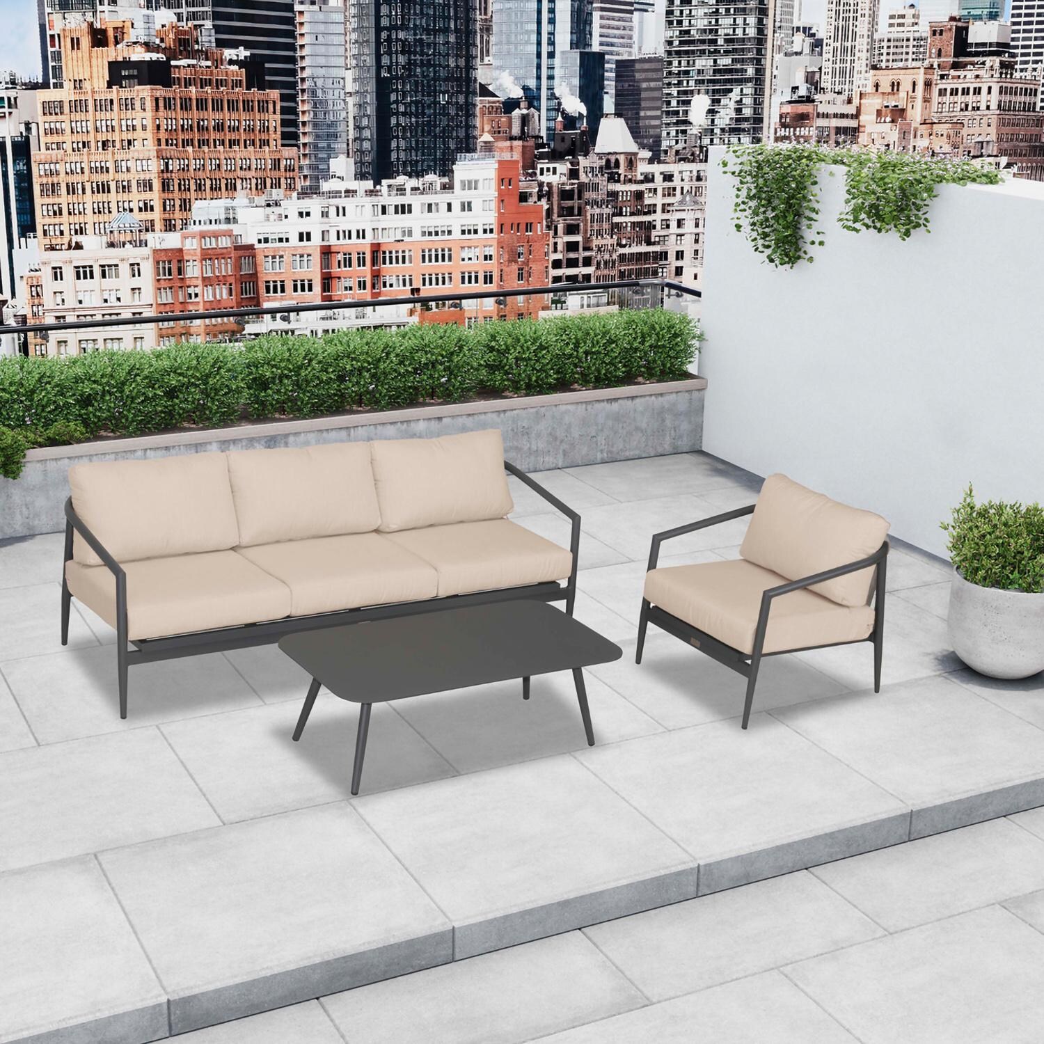 Lakeview Midnight Cove 3 Pc Aluminum Sofa Seating Set in Slate/Pebble Gray/Canvas Flax - Top - Lifestyle thumbnail