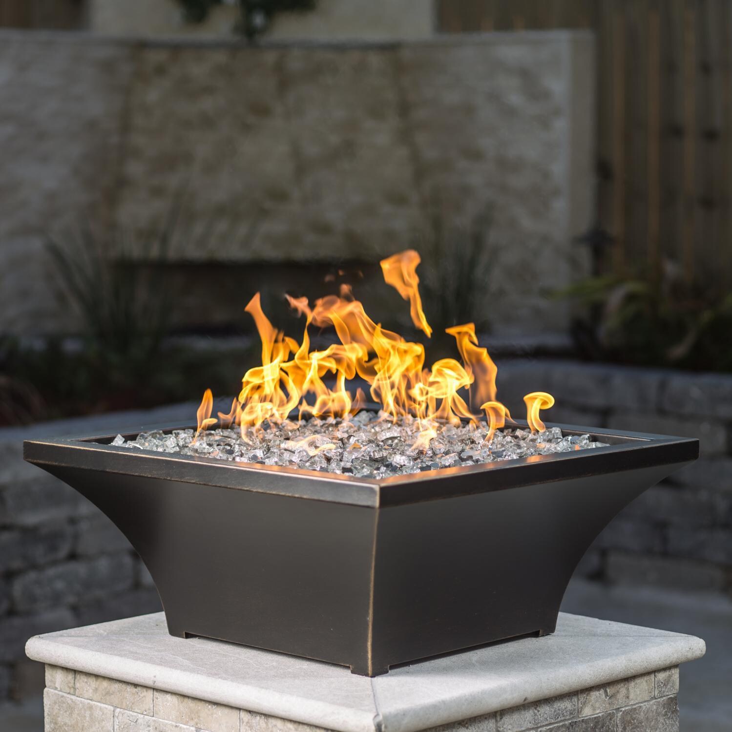 BBQGuys Signature Series Lavelle 18-Inch Square High-Rise Natural Gas Fire Bowl - Oil Rubbed Bronze - In Use - Shown with 1/2 inch Diamond Clear Reflective Fire Glass thumbnail
