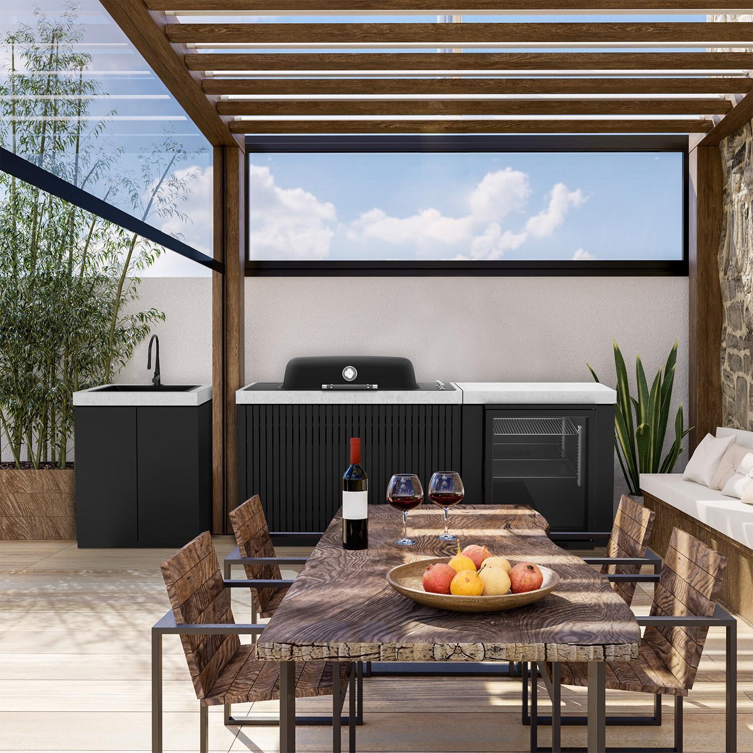 Everdure 9 Ft Outdoor Kitchen Island w/ Marine Grade Aluminum Cabinets in Black - By Dining Area - Lifestyle thumbnail