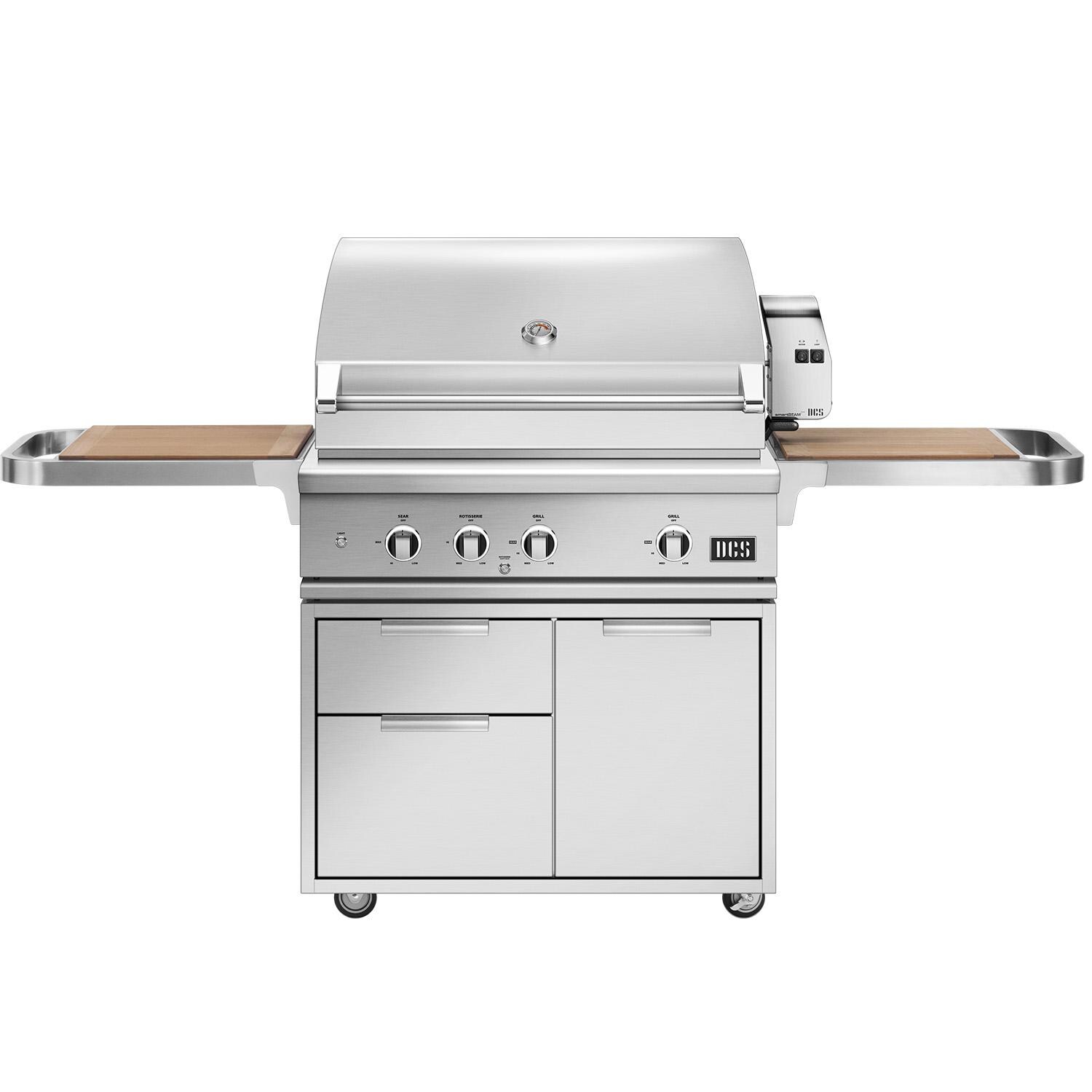 DCS Series 9 36-Inch Natural Gas Grill w/ Rotisserie & Infrared Burner on CAD Cart w/ Cutting Board Side Shelves - BE1-36RCI-N