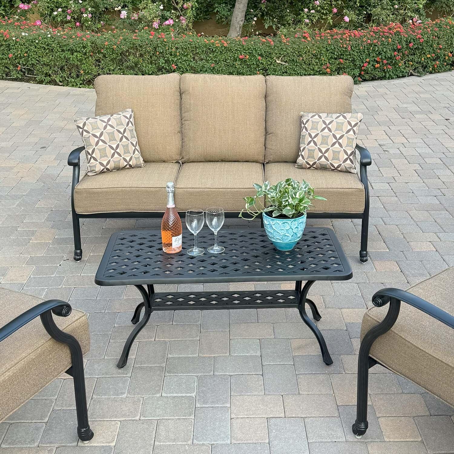 Madison 4 Pc Cast Aluminum Seating Set in Antique Bronze/Sesame by Darlee - Close Up Coffee Table - Detail thumbnail