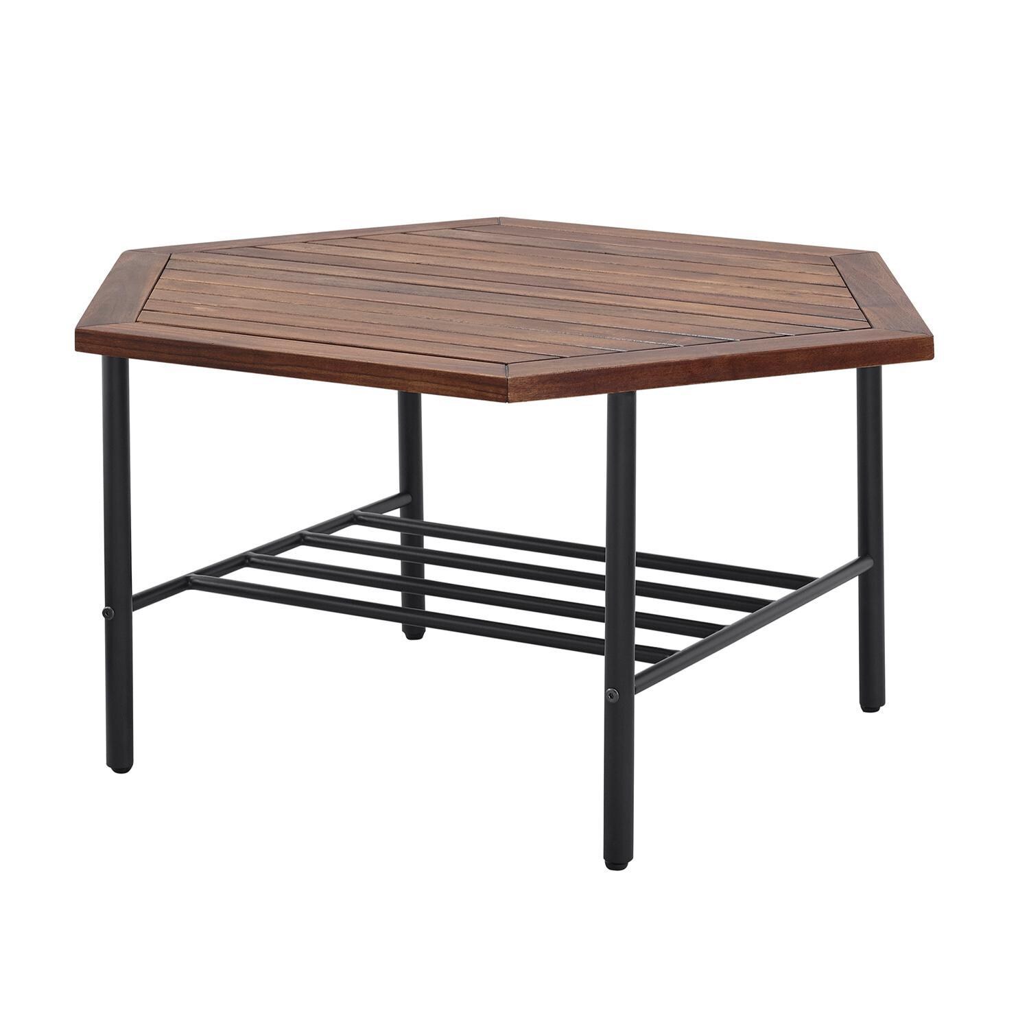 Ultimate Patio Land Bay 35 X 30 Inch Hexagonal Acacia & Steel Patio Coffee Table - Dark Brown - Right Side Angled View thumbnail