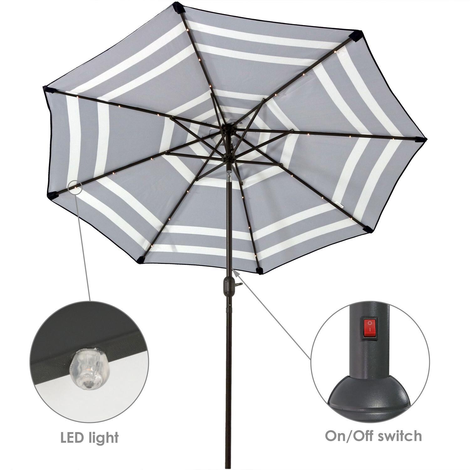 Ultimate Patio 9ft. Solar Lighted Octagonal Patio Umbrella W/ Crank Lift - Navy Blue Stripe Canopy - LED Light & Light Switch thumbnail