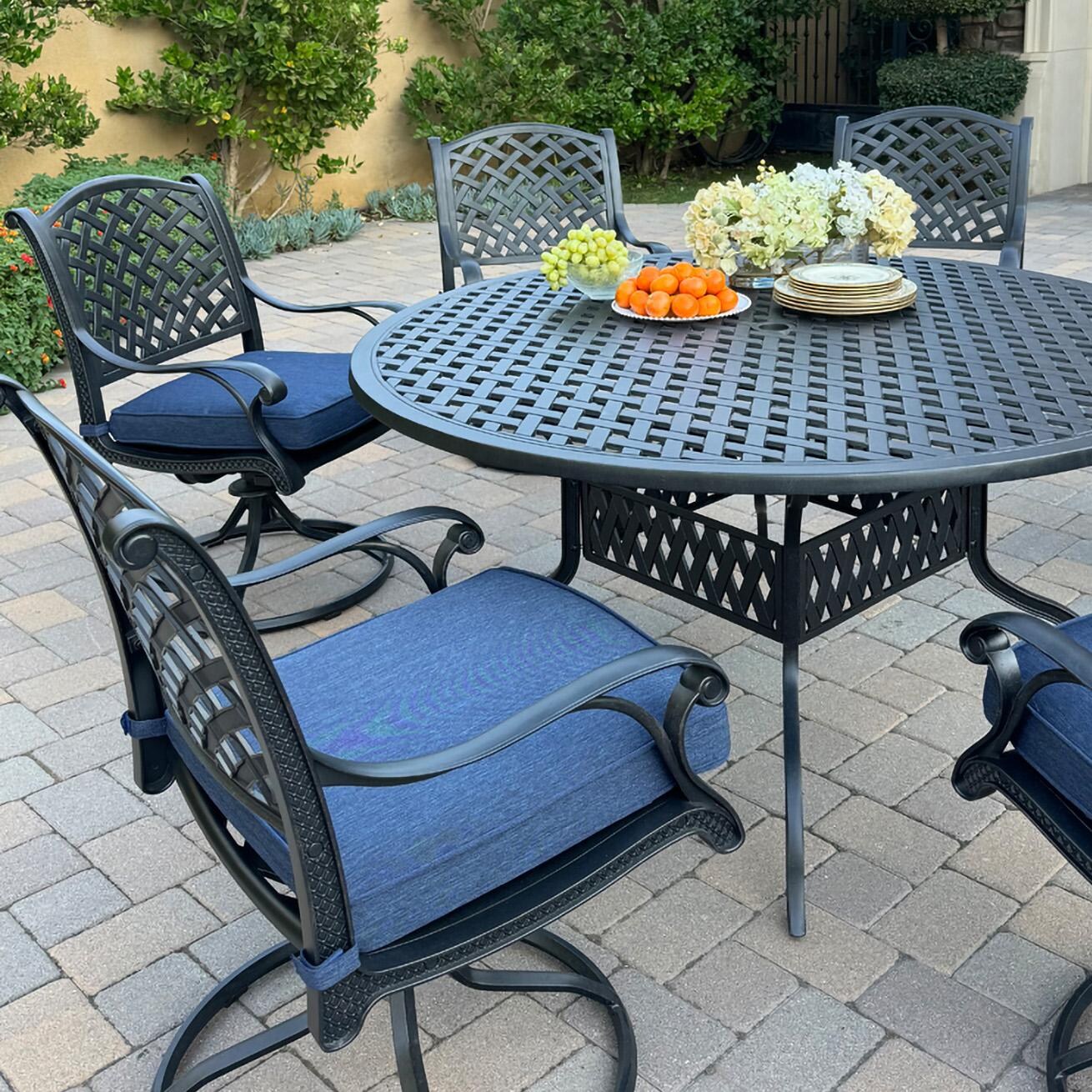 Darlee B/DL13-7PCAR-30D-N Nassau 7 Pc Cast Aluminum Dining Set w/ Rocker in Antique Bronze w/ Navy Cushions - Set Up Close - Lifestyle thumbnail