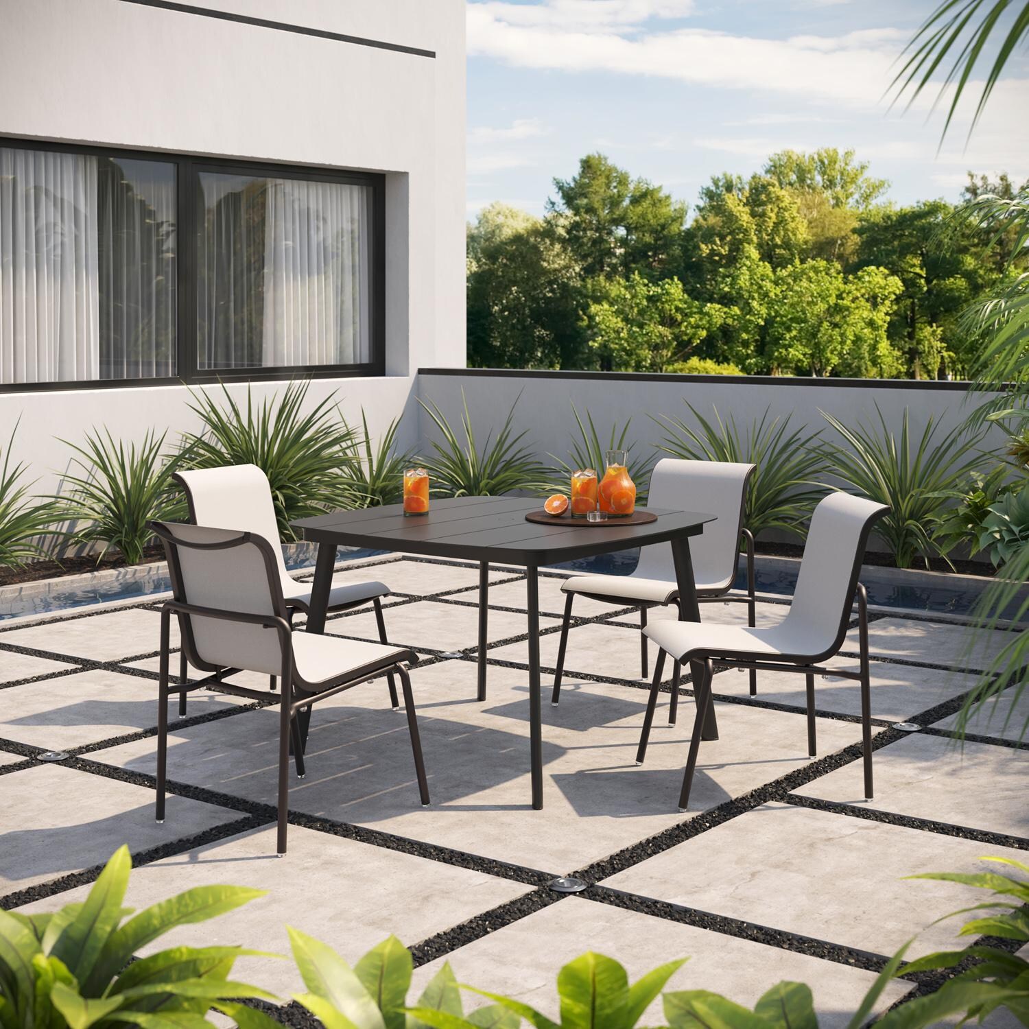 Oxford Garden Orso 5 Pc Soft Sling & Aluminum Dining Set W/ Side Chairs in Carbon/Fog thumbnail