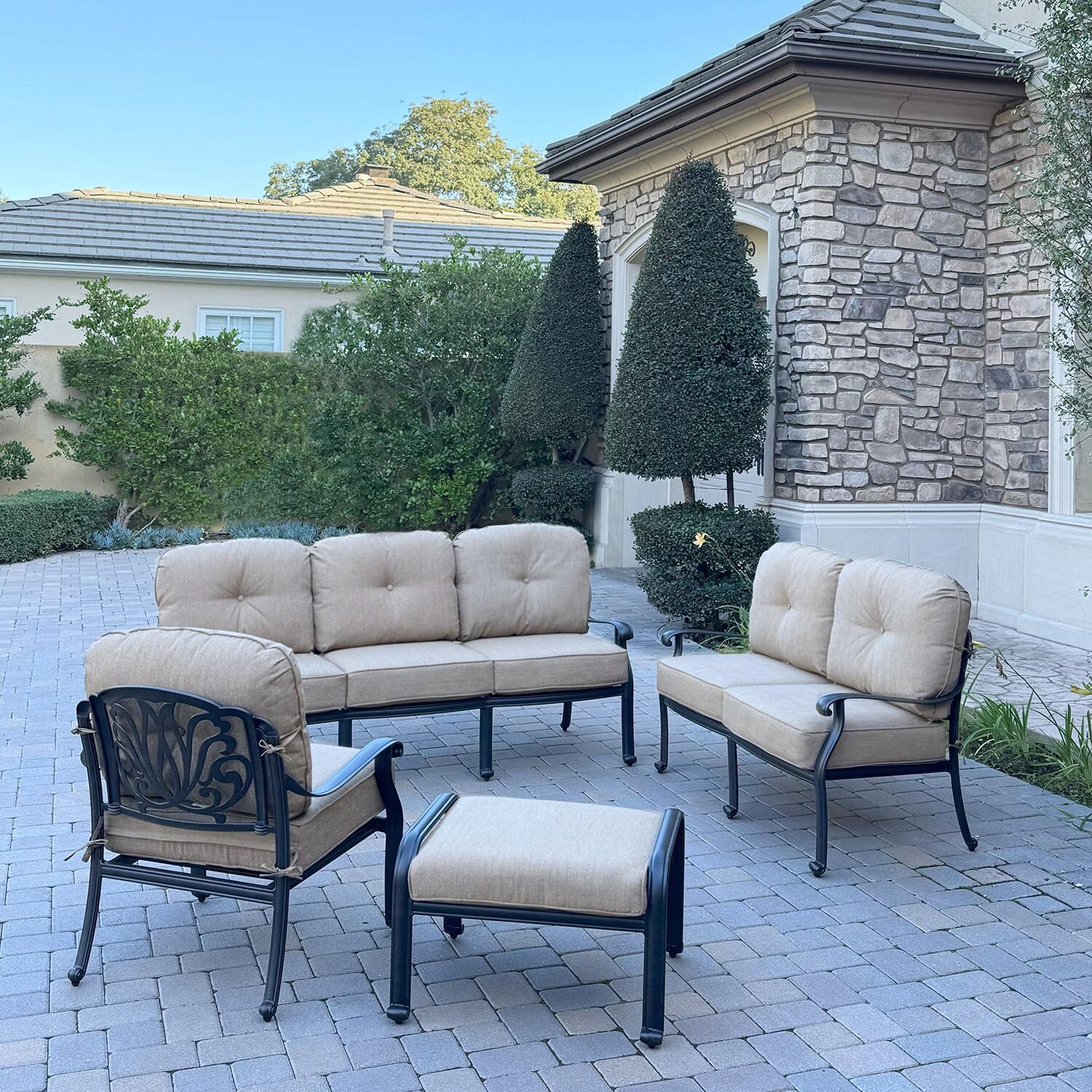 Darlee Elisabeth 5 Pc Cast Aluminum Fire Pit Seating Set w/ 47 Inch Table Throw Pillows in Antique Bronze/Beige - Set on Patio - No Table - Lifestyle thumbnail