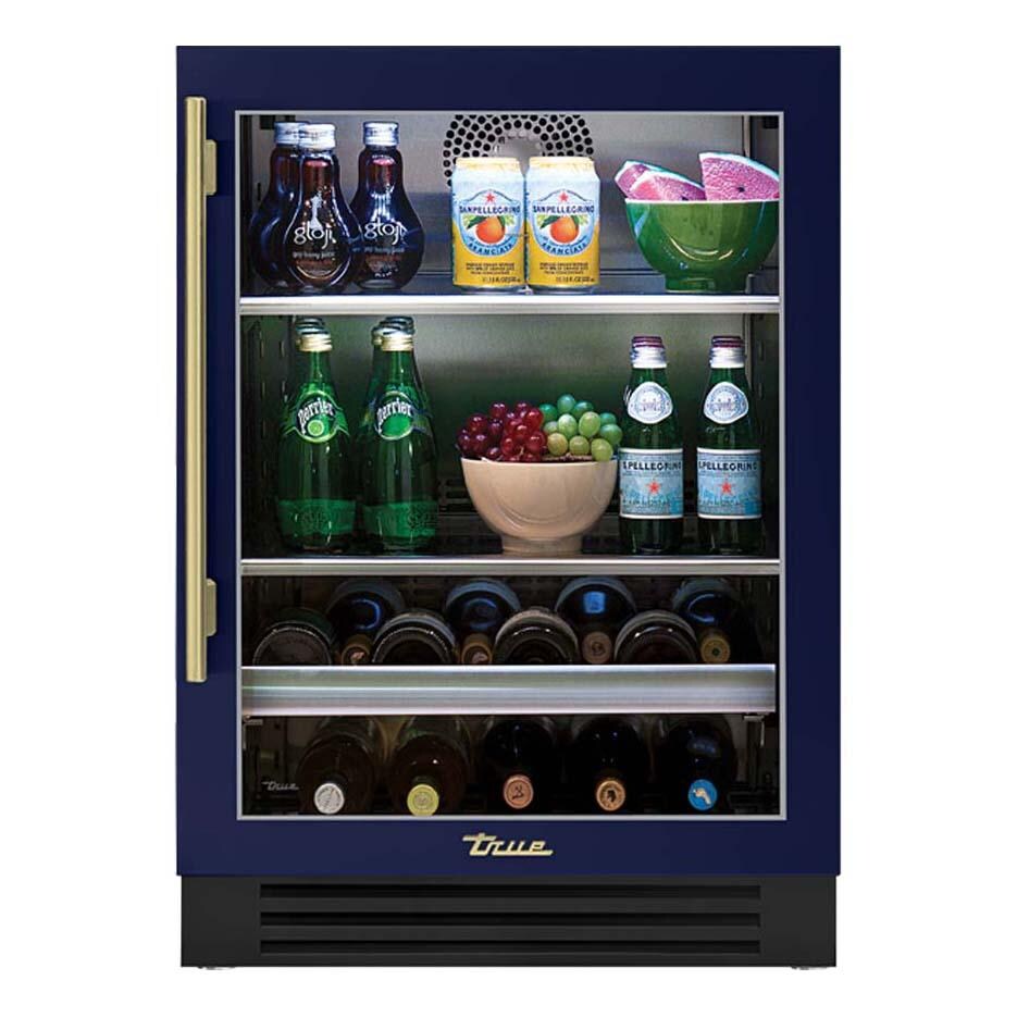 True TBC-24-R-OG-C~DSK-078-H01 24 Inch147 Can 13 Bottle Right Hinge Glass Door Outdoor Beverage Center - Cobalt w/ Brass Handle - White Background thumbnail