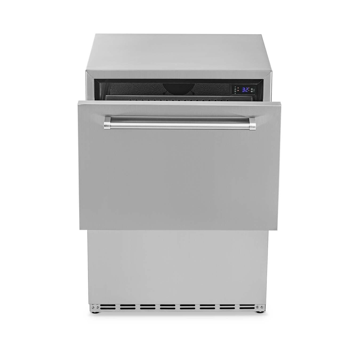 NewAir NCR040SS00 24 Inch 80 Can 20 Bottle Dual Drawer Commercial Built-in Outdoor Wine and Beverage Cooler - Stainless Steel - Top Drawer Open - White Background thumbnail
