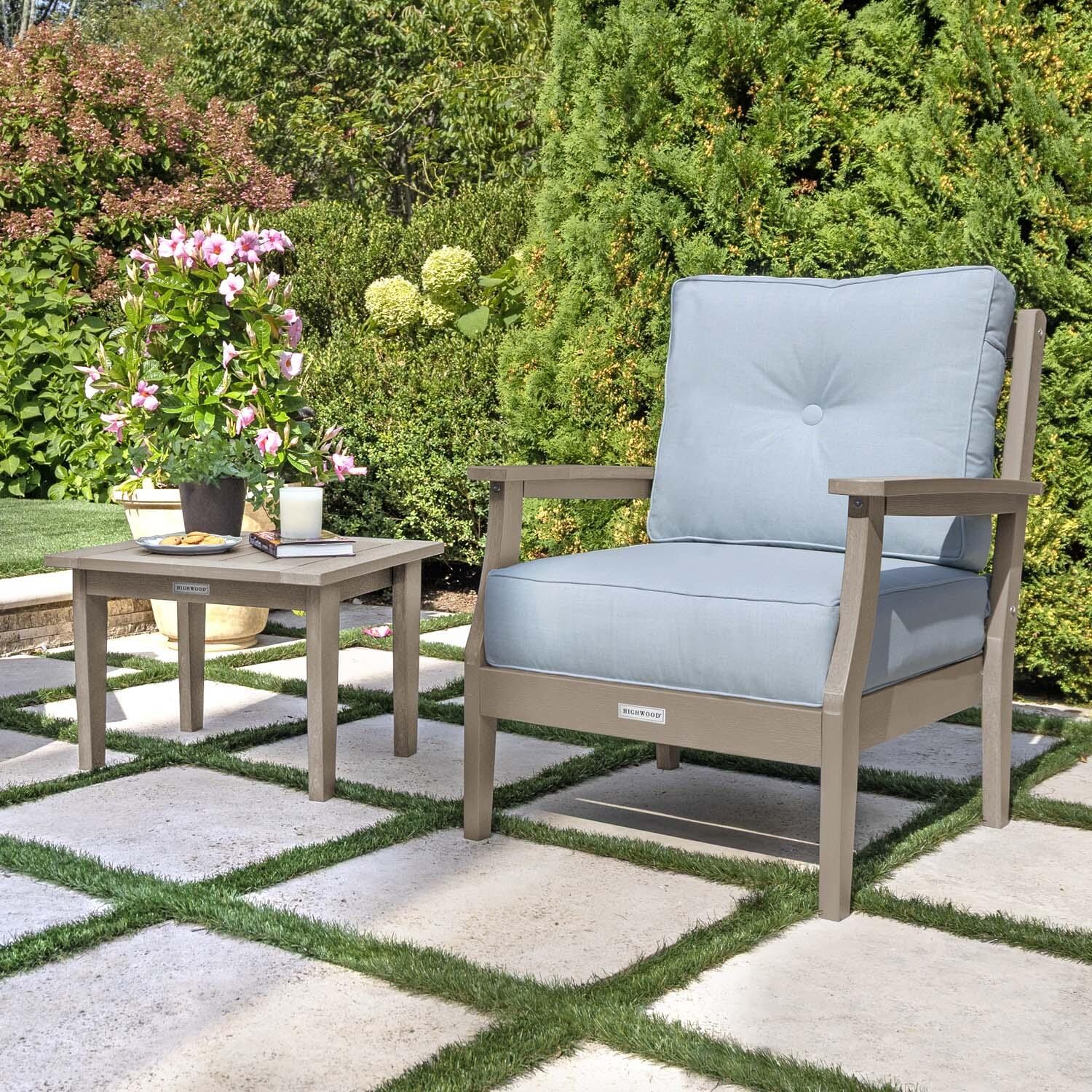Blushing Bay 3 Pc Recycled Plastic Seating Set in Bliss Dew/Woodland Brown by Lakeview Outdoor Designs - Close Up - Lifestyle thumbnail