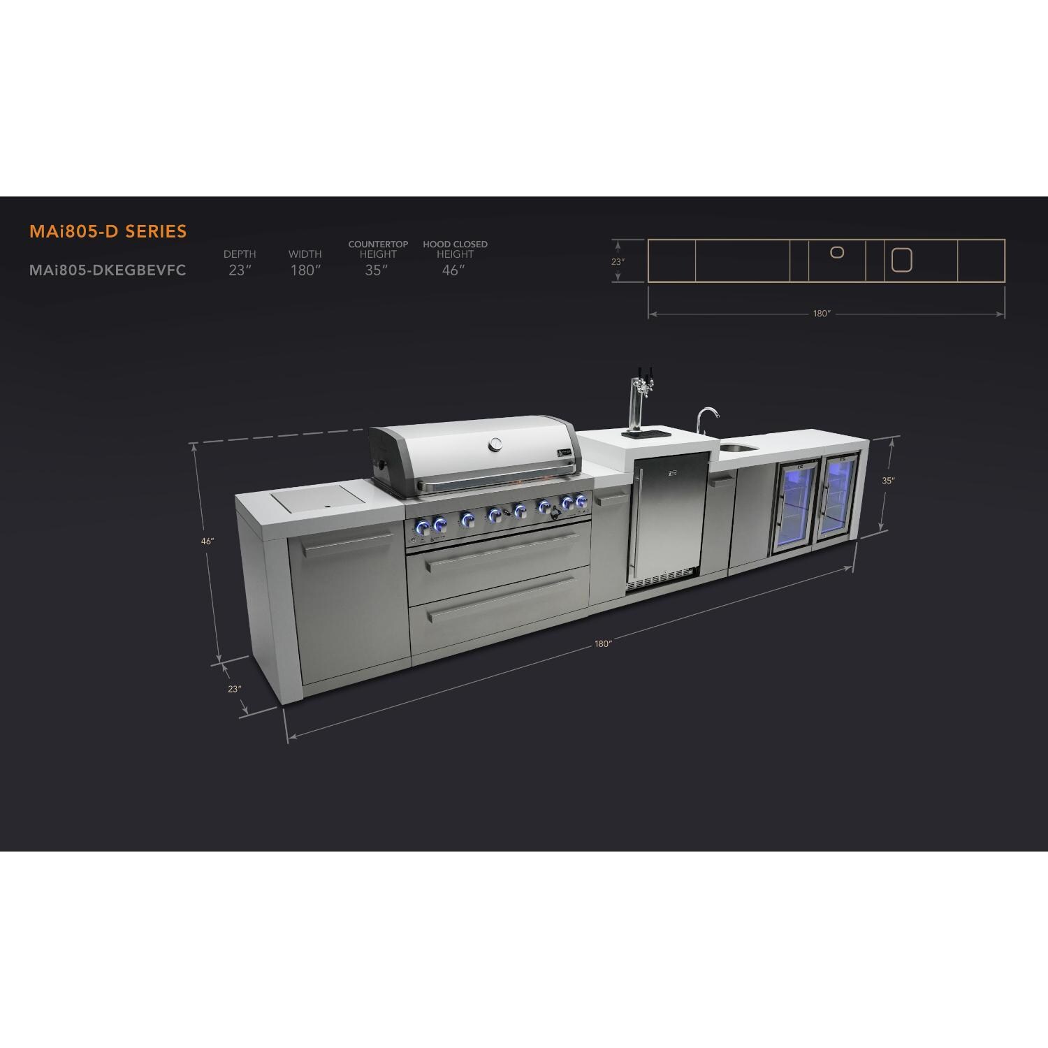 Mont Alpi MAi805-DKEGBEVFC 805 Deluxe Propane Island W/ Kegerator, Beverage Center & Fridge Cabinet - Hood Open - White Background thumbnail