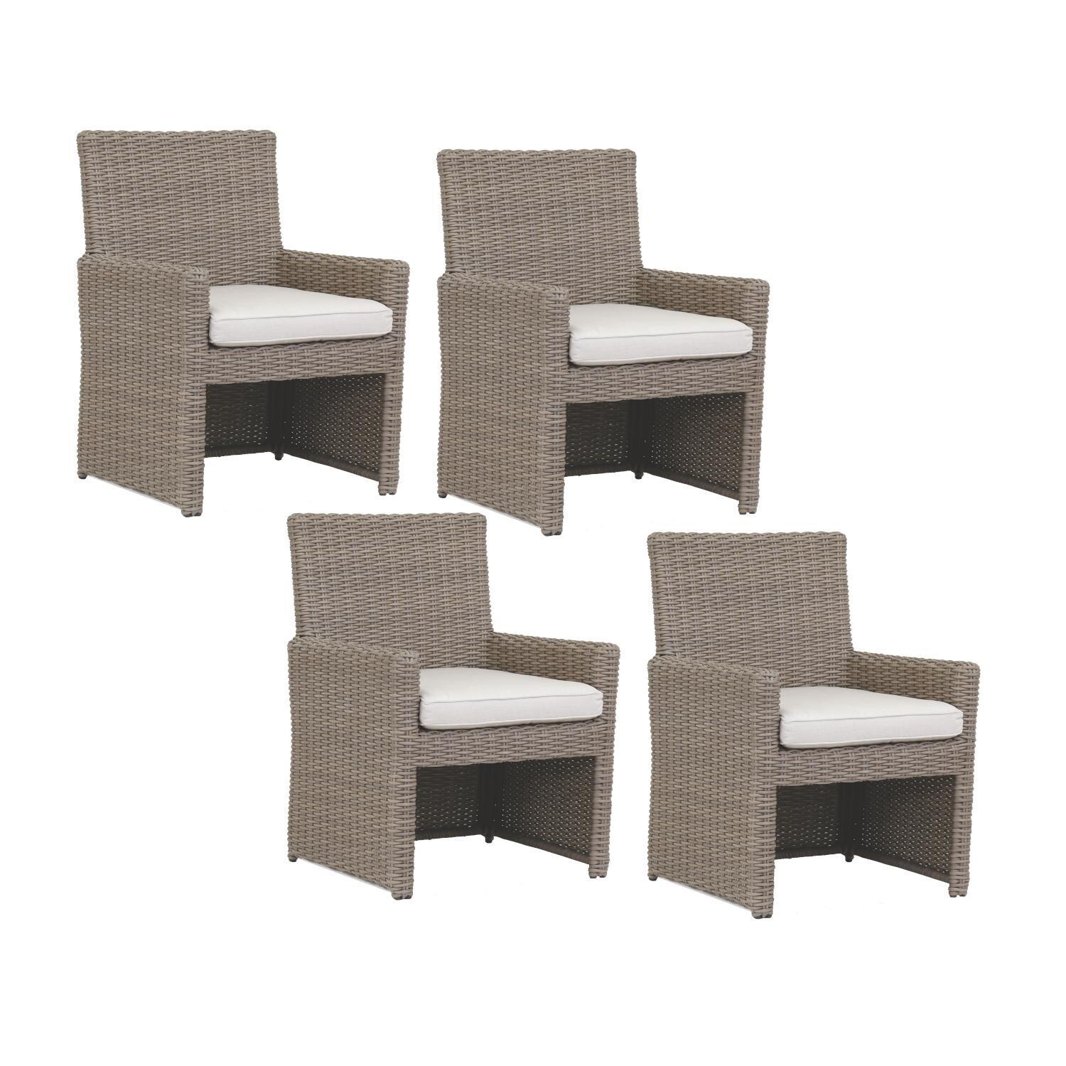 Coronado 4 Piece Wicker Patio Dining Arm Chair Set W/ Sunbrella  Canvas Flax Cushions By Sunset West