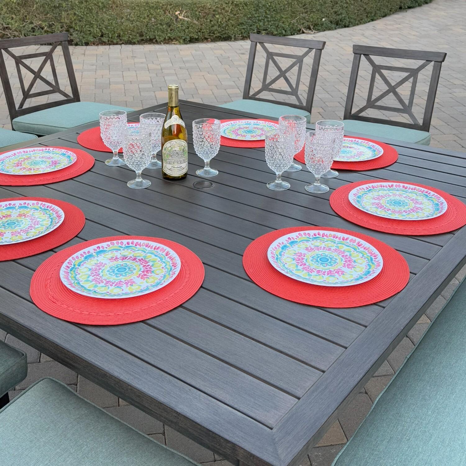 Atlantis 8 Pc Aluminum Dining Set w/ 6 Dining Side Chairs & Two Person Bench in Walnut/Spa by Darlee - Table Top - Lifestyle thumbnail