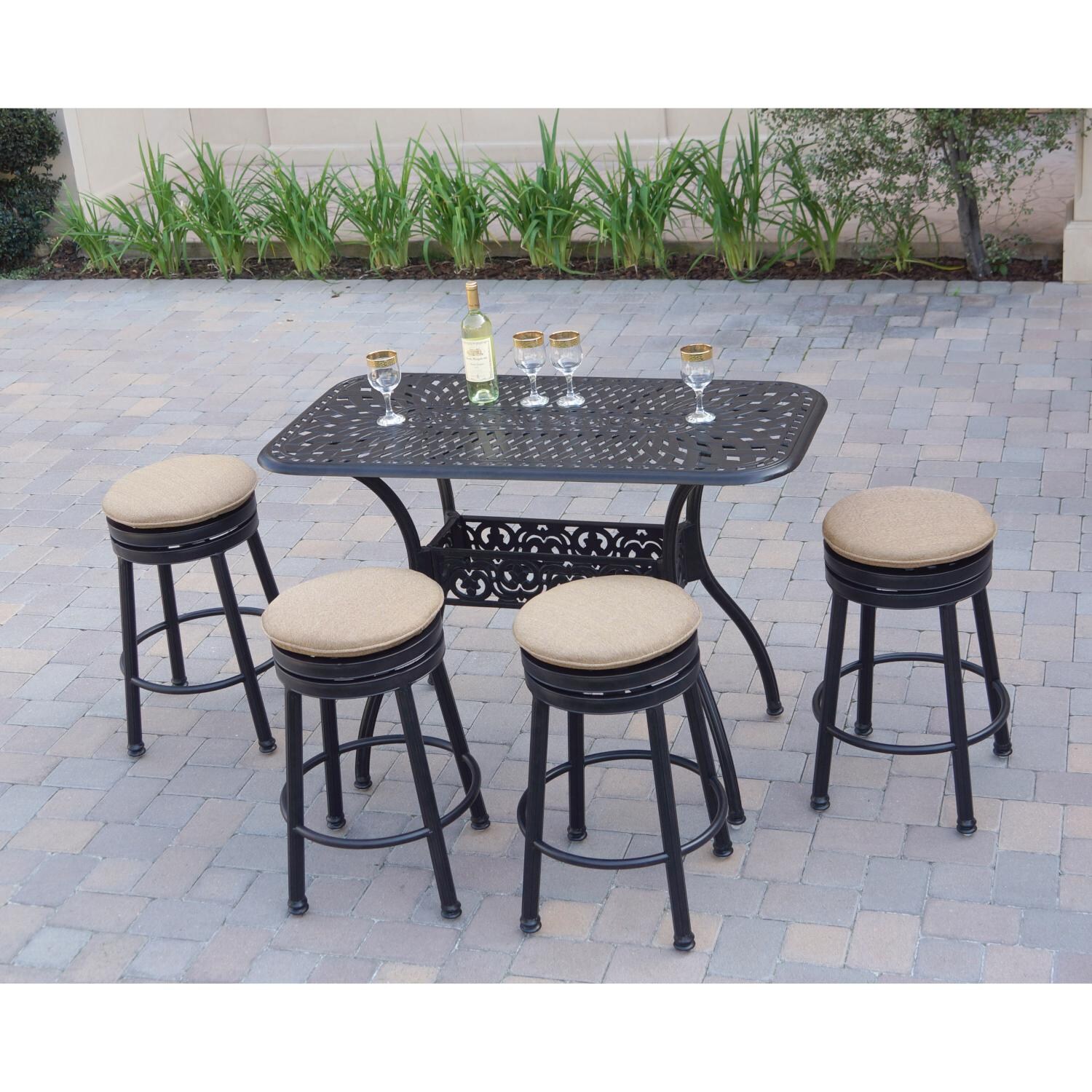 Darlee 1210-5PC-60CB Classic 5 Piece Cast Aluminum Patio Backless Counter Height Bar Set W/ 52 X 26 Rectangular Table & Sesame Cushions - Lifestyle thumbnail