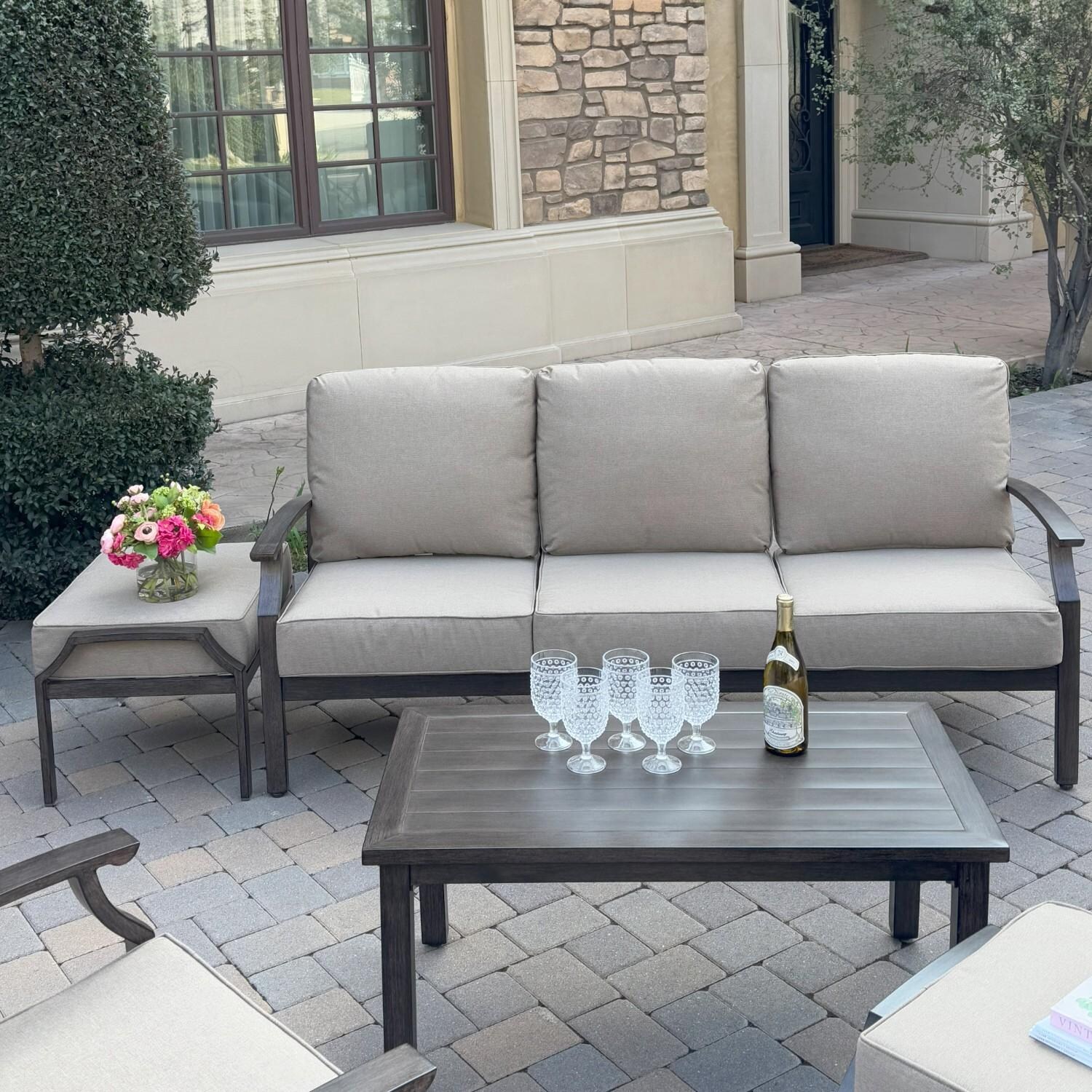 Atlantis 4 Pc Aluminum Seating Set w/ Sofa, 2 Swivel Rocker Club Chairs & 2 Ottomans in Walnut/Beige by Darlee - Sofa & Table - Lifestyle thumbnail