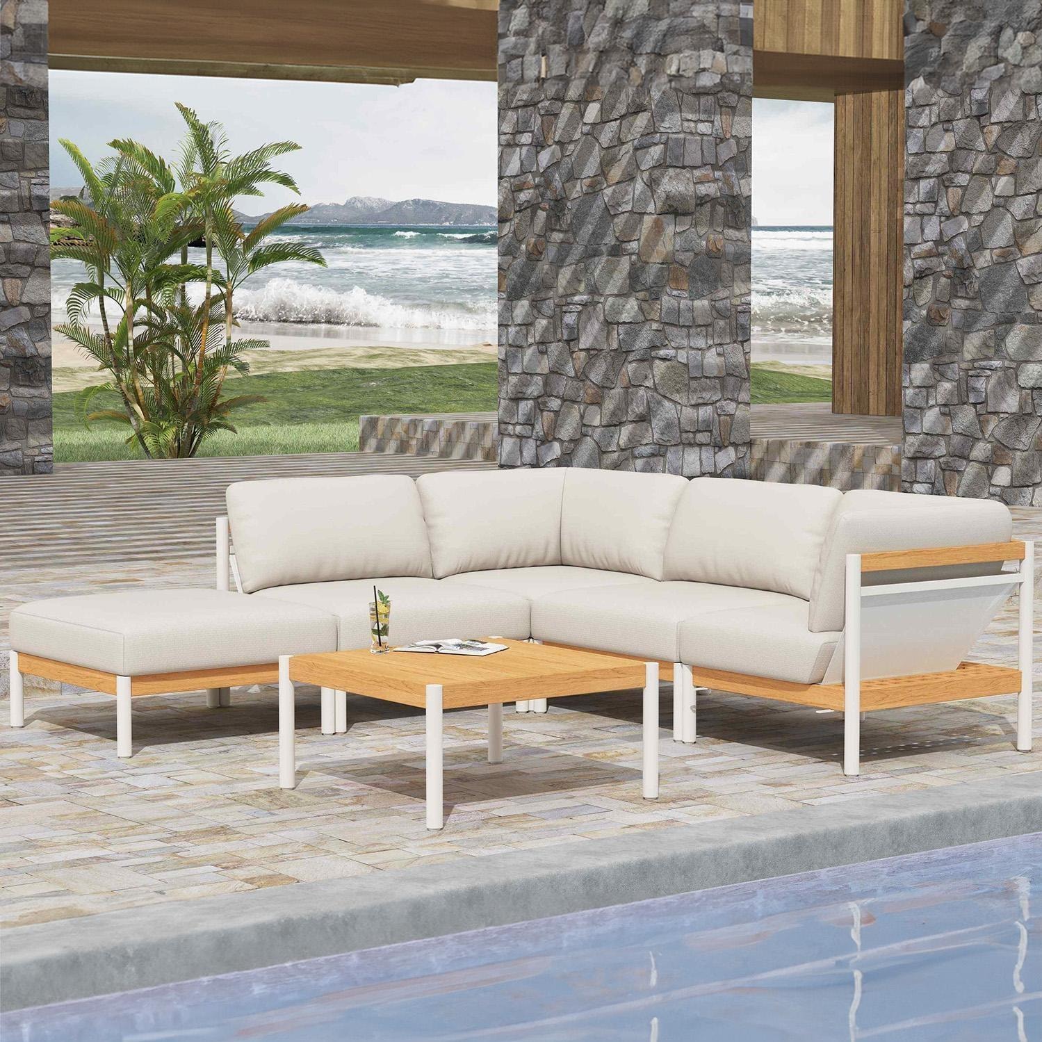 Carolton 6 Pc Aluminum Seating Set in White & Wood By Lakeview Outdoor Designs  - Lifestyle thumbnail