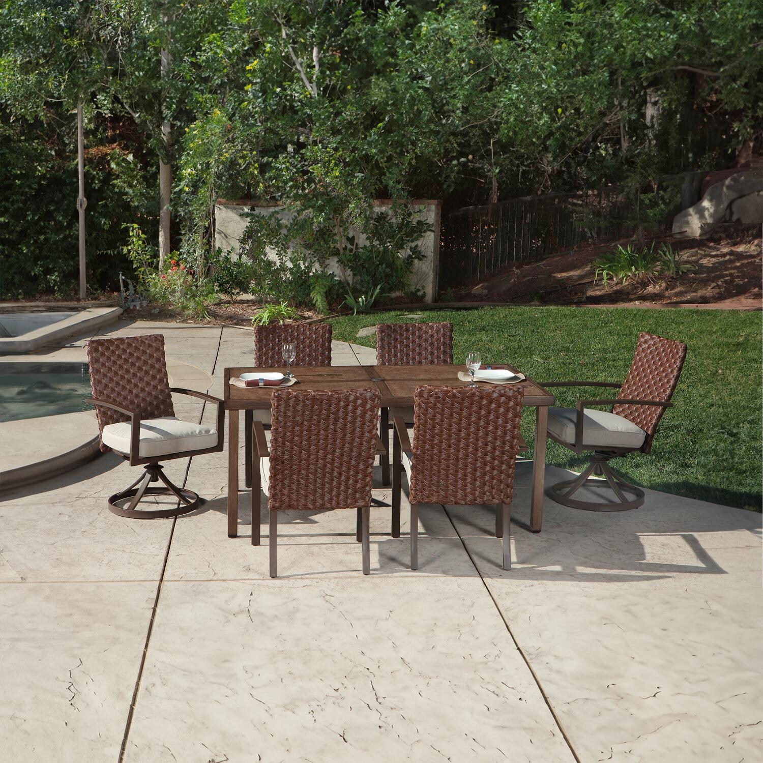 Bay St. Louis 7 Pc Aluminum Patio Dining Set in Brown/White by Lakeview Outdoor Designs