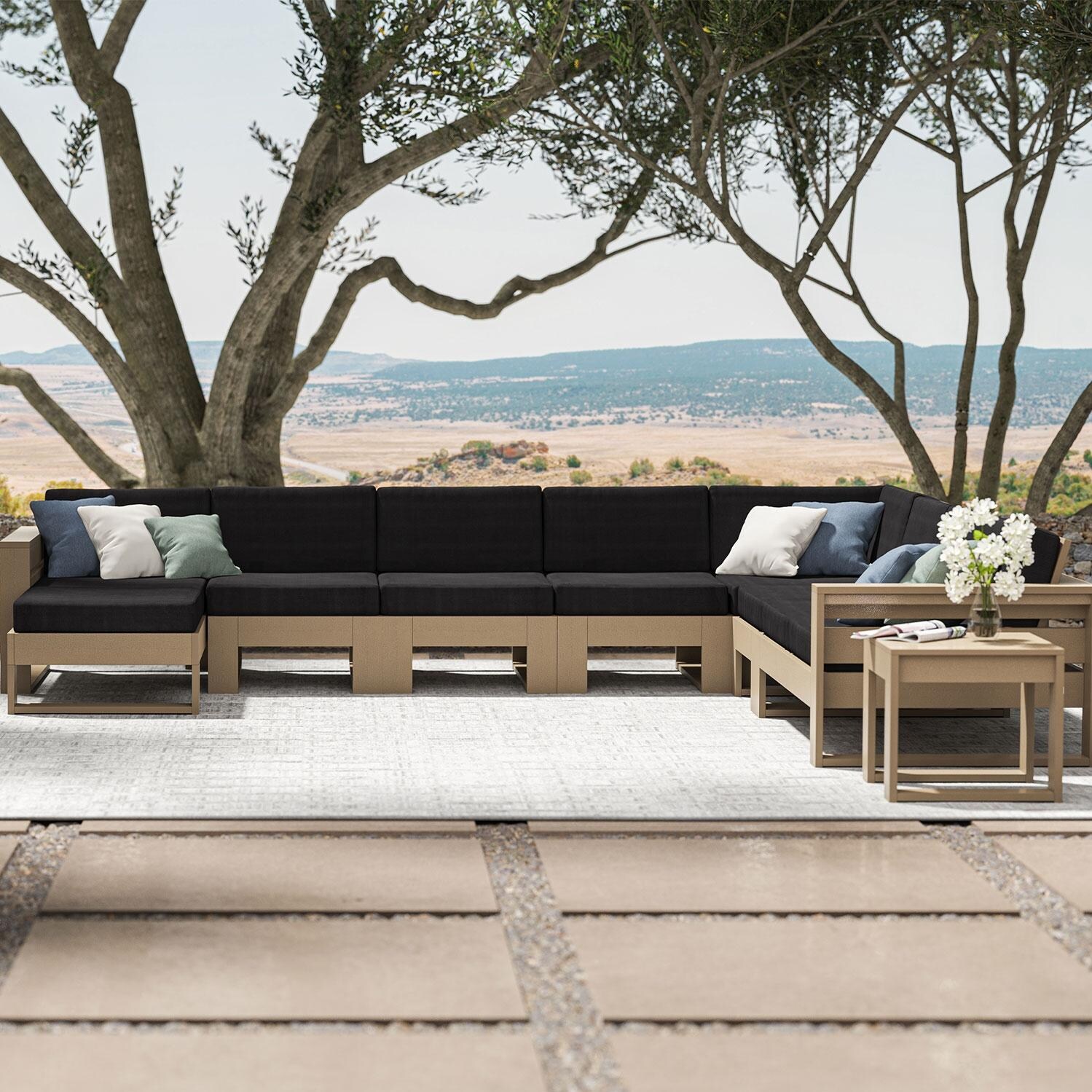 Latitude 5 Person Sectional Sofa in Vintage Coffee/Dune Burlap By PW Designer Series - Shown in Vintage Sahara/Midnight Linen Finish (Side Table Not Included) - Patio - Lifestyle thumbnail