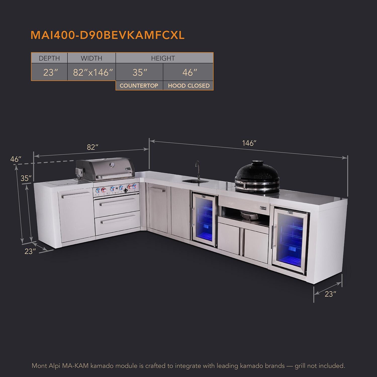Mont Alpi Deluxe Series 13 1/2 Ft L-Shaped Natural Gas Outdoor Kitchen Island w/ 32-in Grill, Side Burner, Beverage Center, Kegerator, Kamado Module & Triple Drawer (Ships Propane w/ Conversion Kit) - Dimensions - Dimensional thumbnail