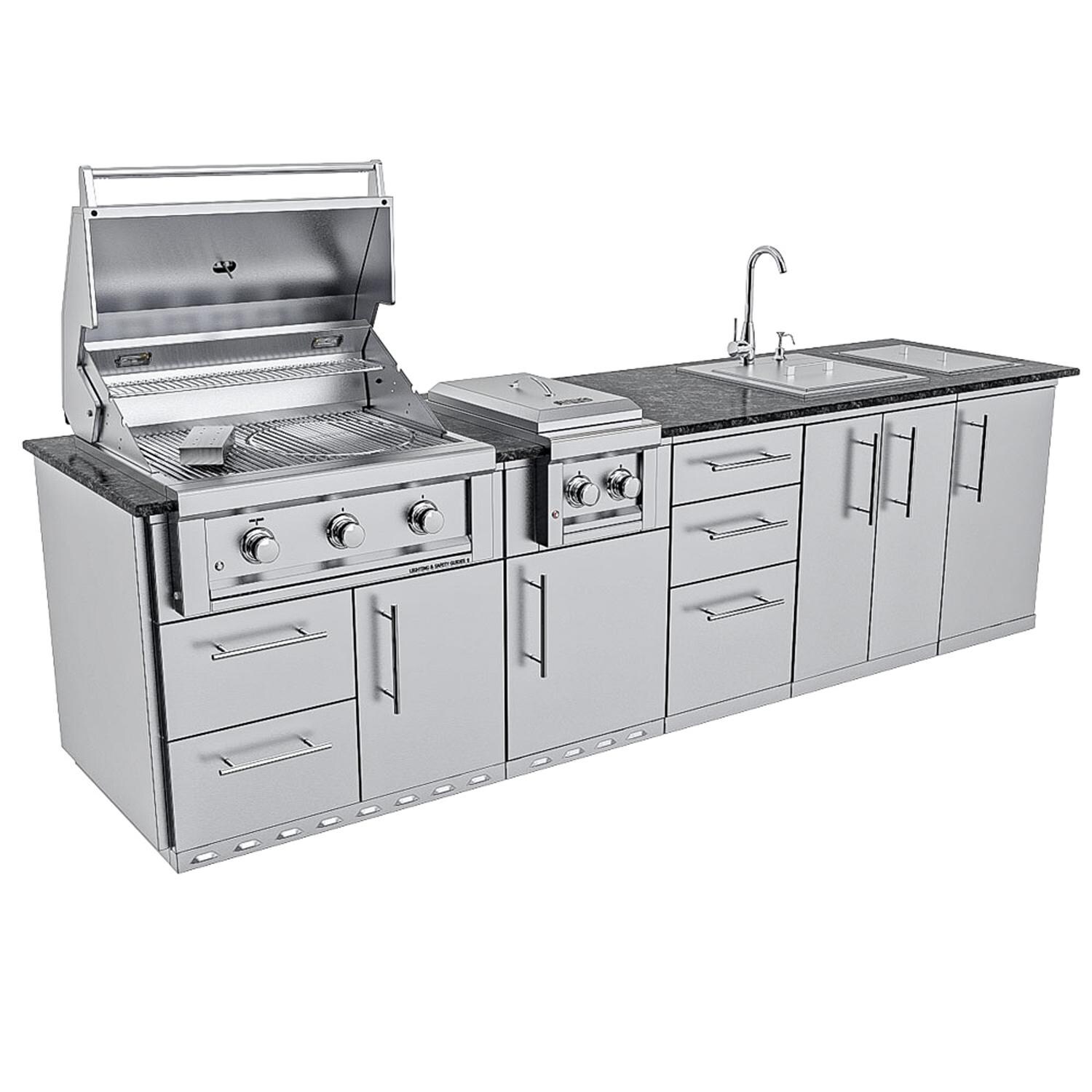 Sunstone Grills SCPMAGNOLIA10-LP Magnolia 10 Ft Outdoor Kitchen Island w/ Propane Grill & Side Burner, Sink, Door & Drawer - Angled Grill Open - White Background thumbnail