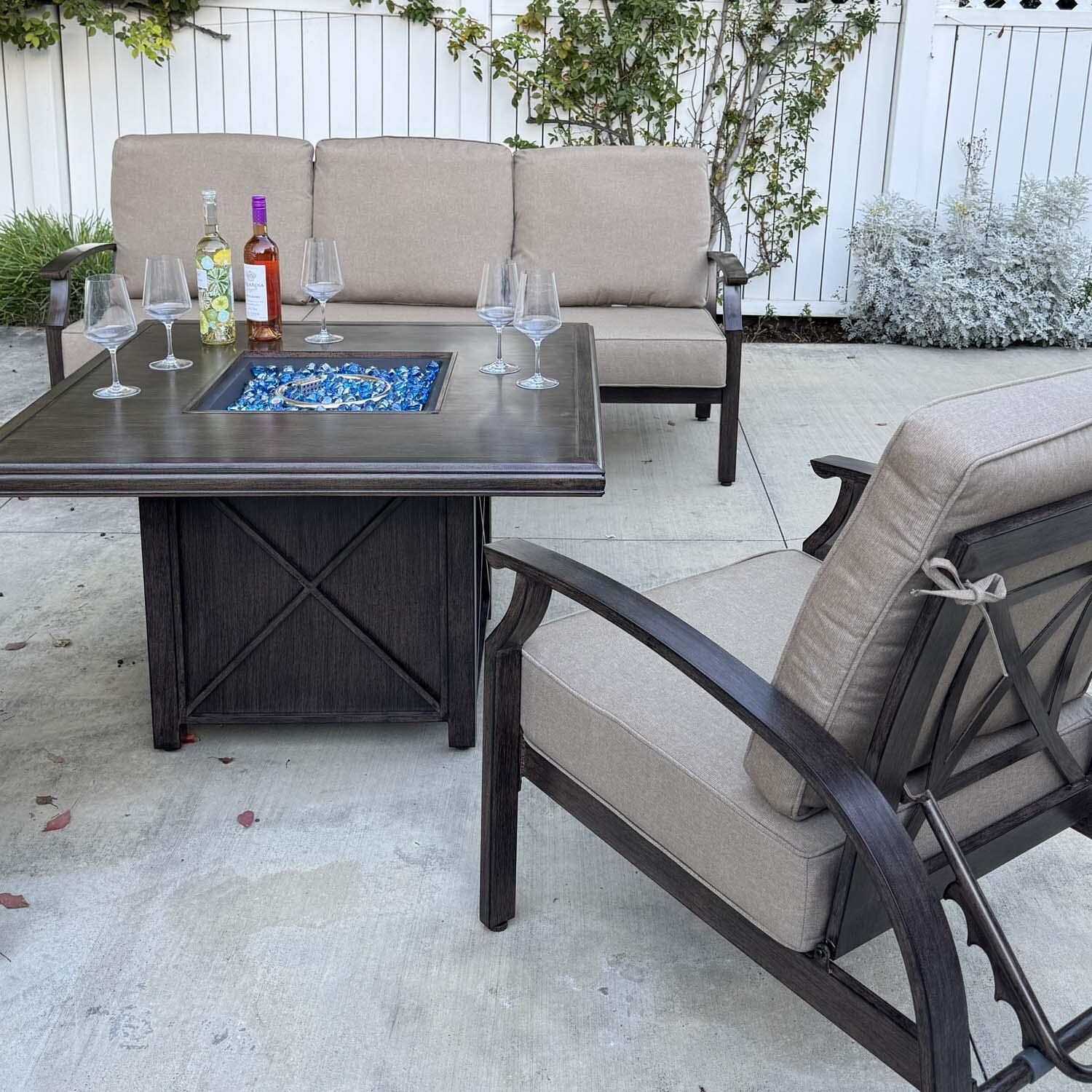 Atlantis 4 Pc Aluminum Seating Set w/ Square Fire Pit Chat Table in Walnut/Beige by Darlee - Close Up - Lifestyle thumbnail