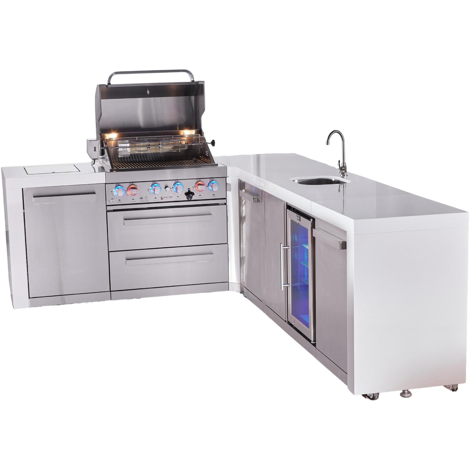 Mont Alpi Deluxe Series 9 1/2 Ft Propane Outdoor Kitchen Island w/ 32-in Grill, Side Burner, Beverage Center & Extra Door - MAi400-D90BEVXL - Grill Open - White Background thumbnail