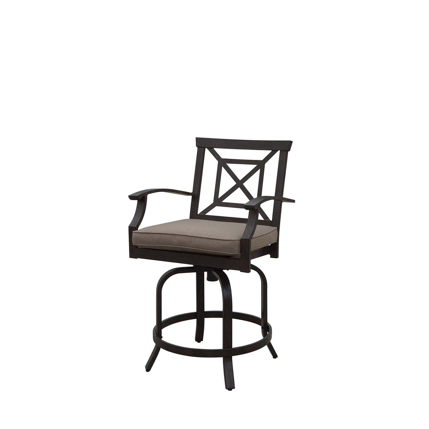 Atlantis Aluminum Counter Height Swivel Bar Stool Set of 2 w/ Beige Cushions in Walnut By Darlee - Angled View - White Background thumbnail