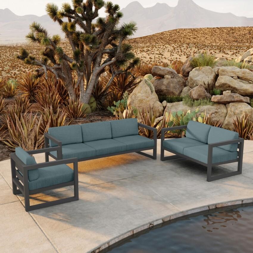 Misty Cove 3 Piece Seating Set in Slate w/Sofa & Cast Lagoon Cushions by Lakeview - Hero - Lifestyle thumbnail