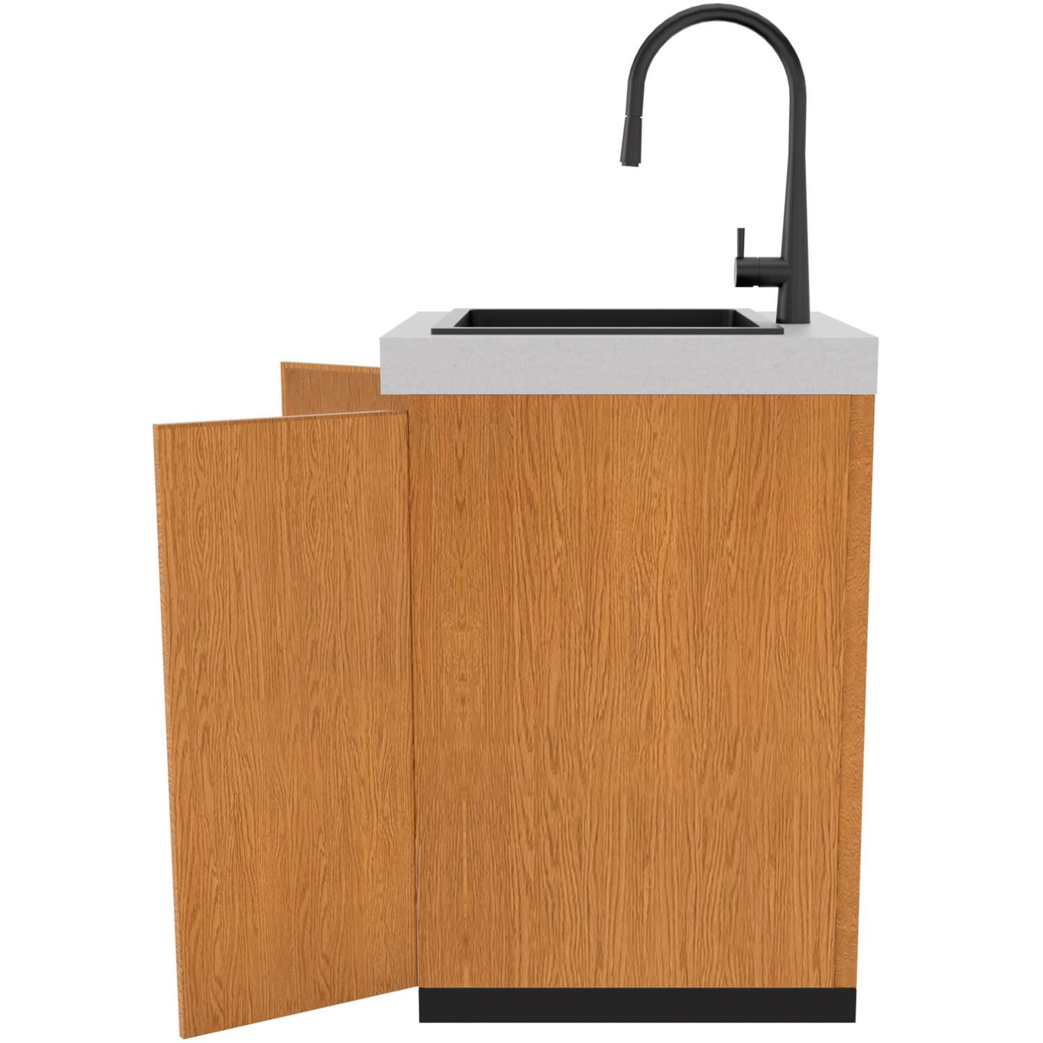 Everdure 6 Ft Outdoor Kitchen Island w/ Marine Grade Aluminum Cabinets in Timber Effect - Sink Module Open Side View - White Background thumbnail