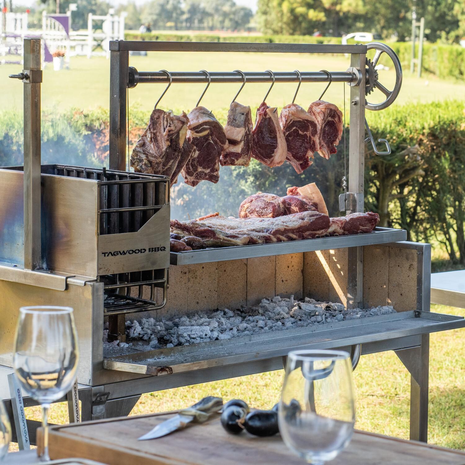 Tagwood BBQ BBQ03SSF Fully Assembled All Stainless Steel Argentine Santa Maria Wood Fire & Charcoal Grill - Roasting Multiple Cuts of Meat