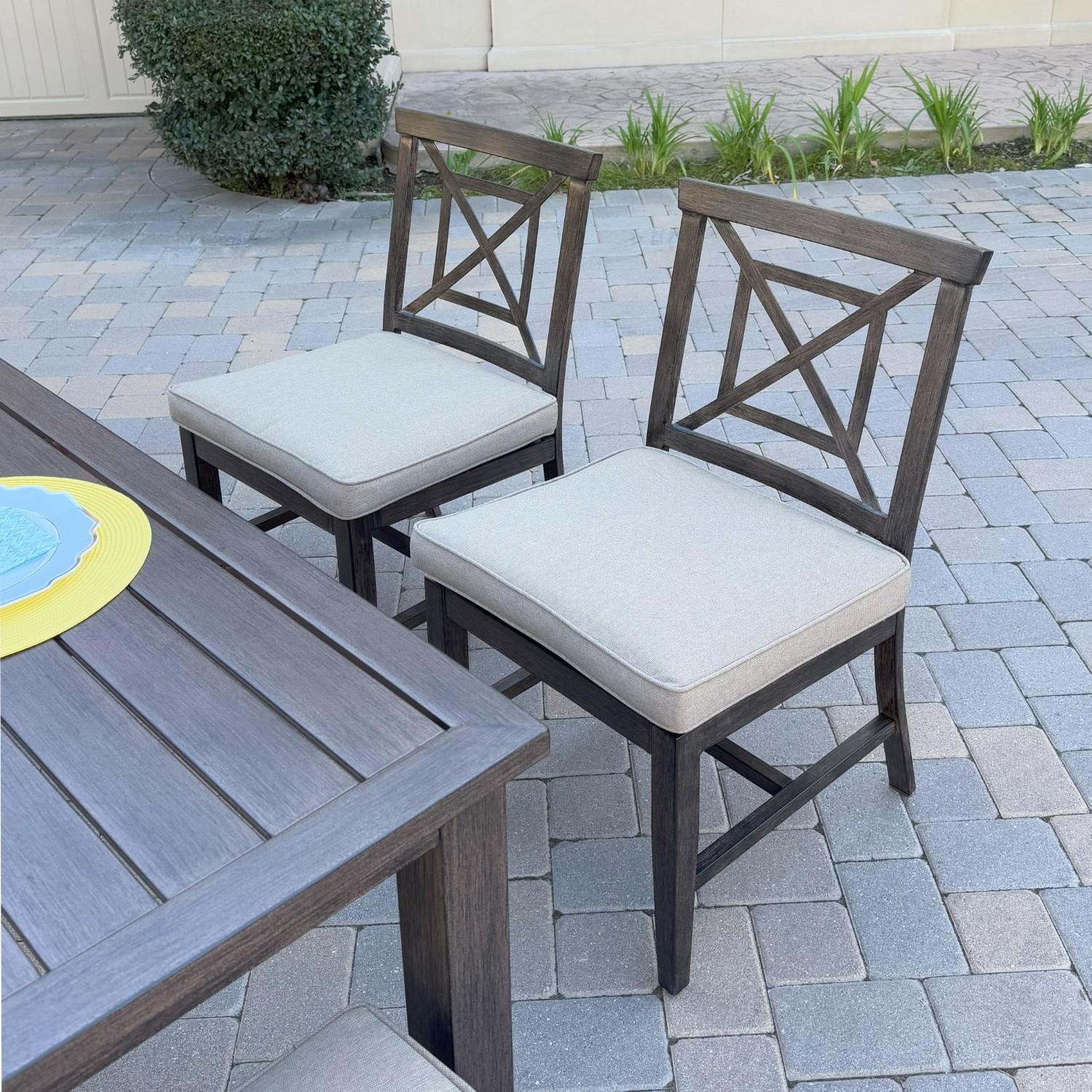 Atlantis 9 Pc Aluminum Dining Set w/ 8 Dining Side Chairs in Walnut/Beige by Darlee - Chairs At Table - Lifestyle thumbnail