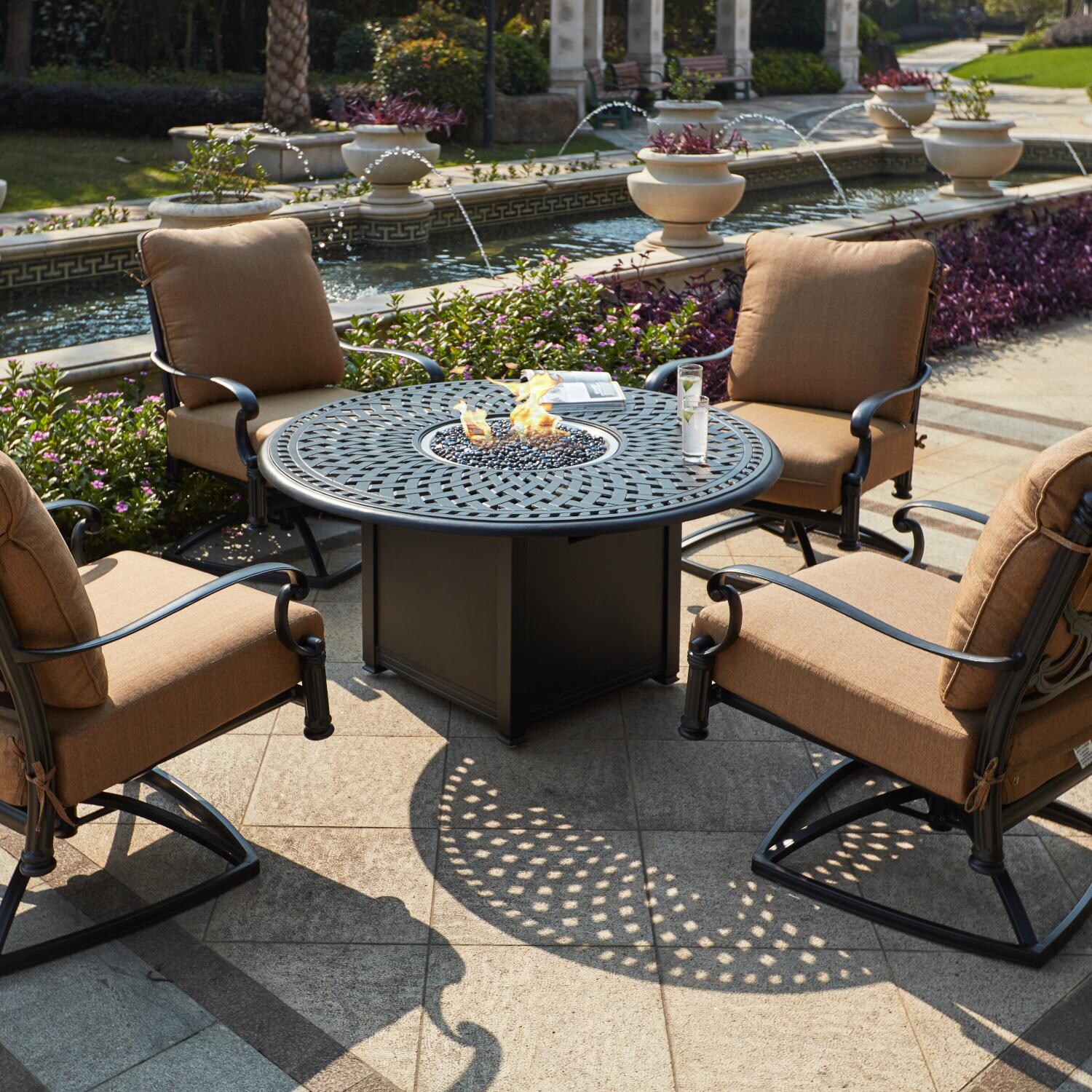 Darlee 201016-5PCR-60QB Santa Barbara 5 Piece Cast Aluminum Patio Fire Pit Conversation Set W/ Swivel Rocker Club Chairs & Sesame Cushions thumbnail