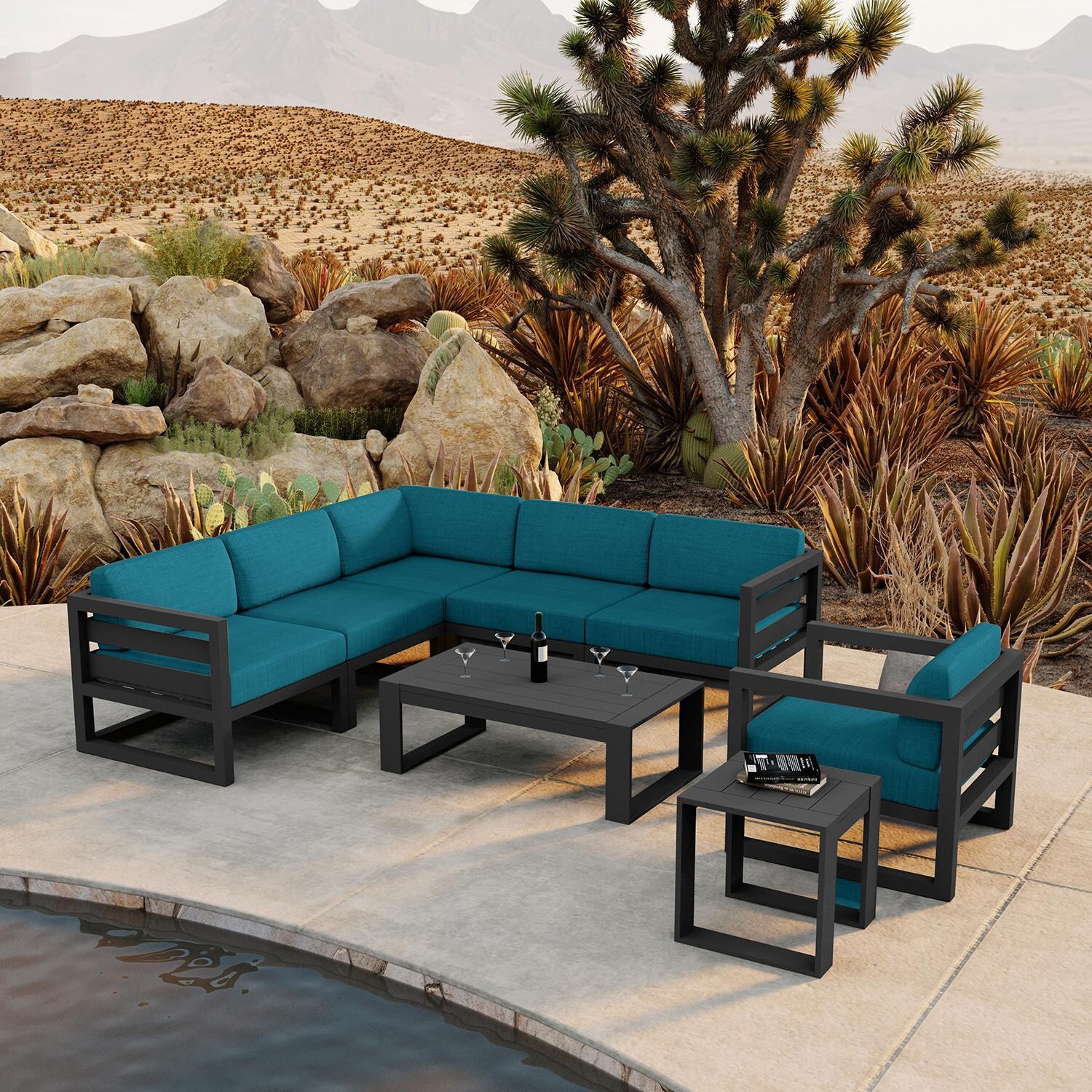 Misty Cove 8 Piece Sectional Set in Slate w/Coffee Table & Spectrum Peacock Cushions by Lakeview - Lifestyle thumbnail