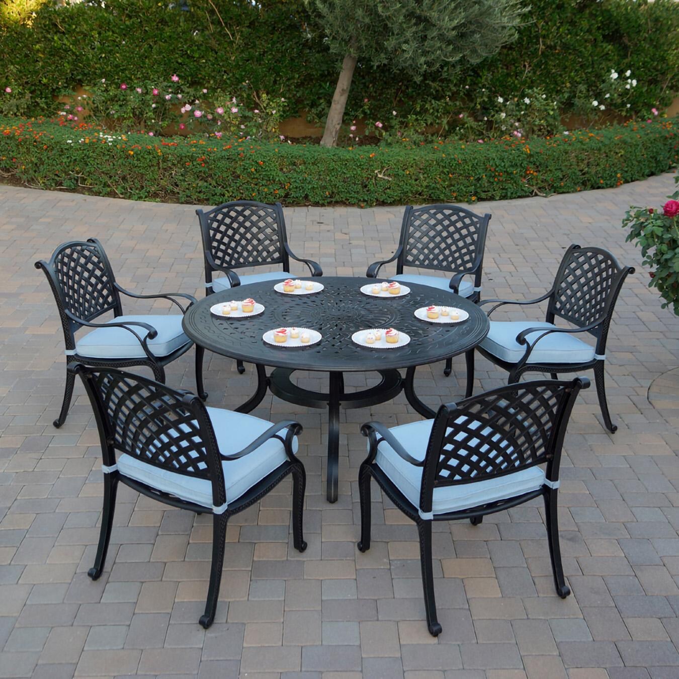 Darlee B/DL13-7PC-26D-B Nassau 7 Pc Cast Aluminum Dining Set in Antique Bronze w/ Blue Cushions - Set - Lifestyle thumbnail