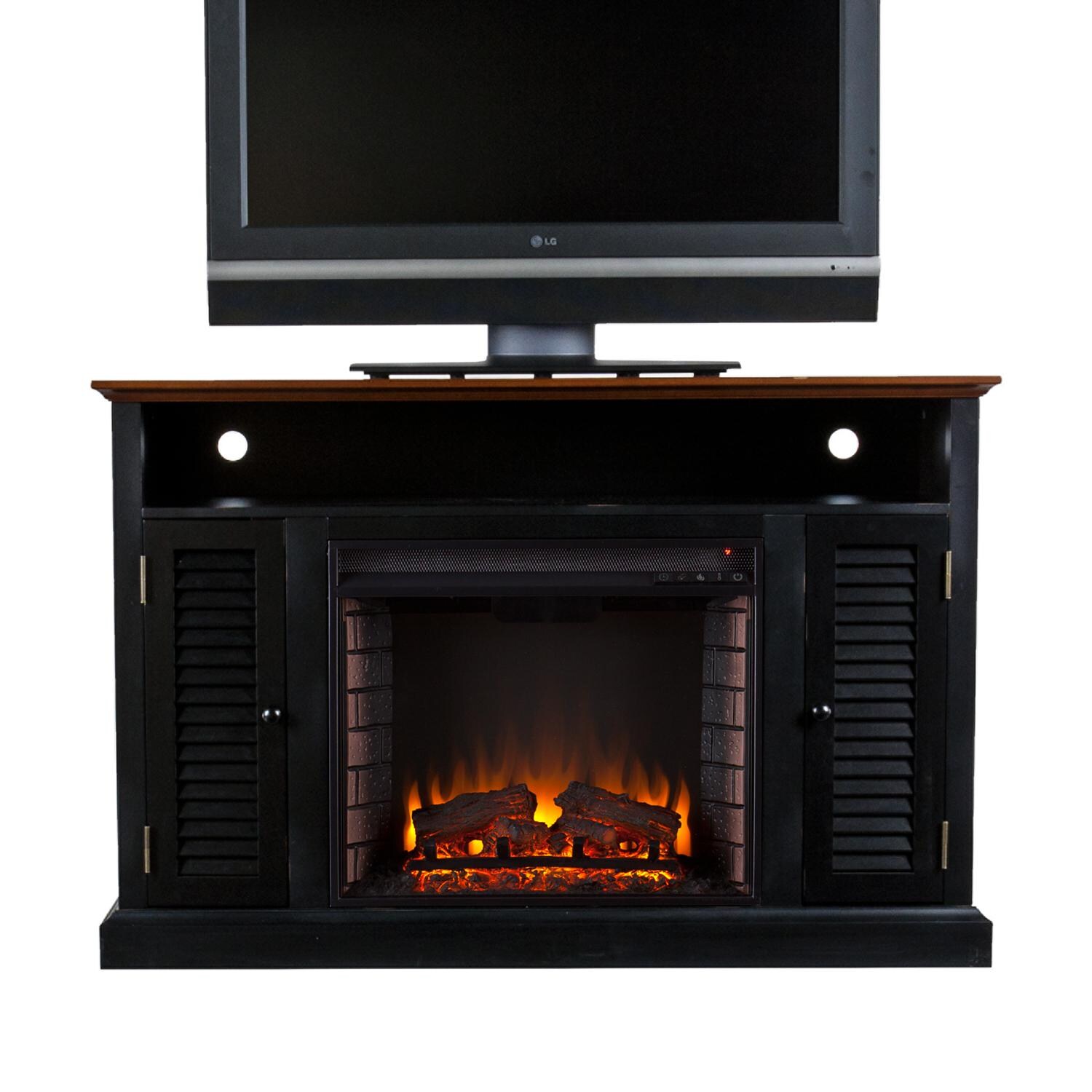 Southern Enterprises Antebellum 48-Inch Electric Fireplace Media Console - Black/Walnut - Front View With TV thumbnail