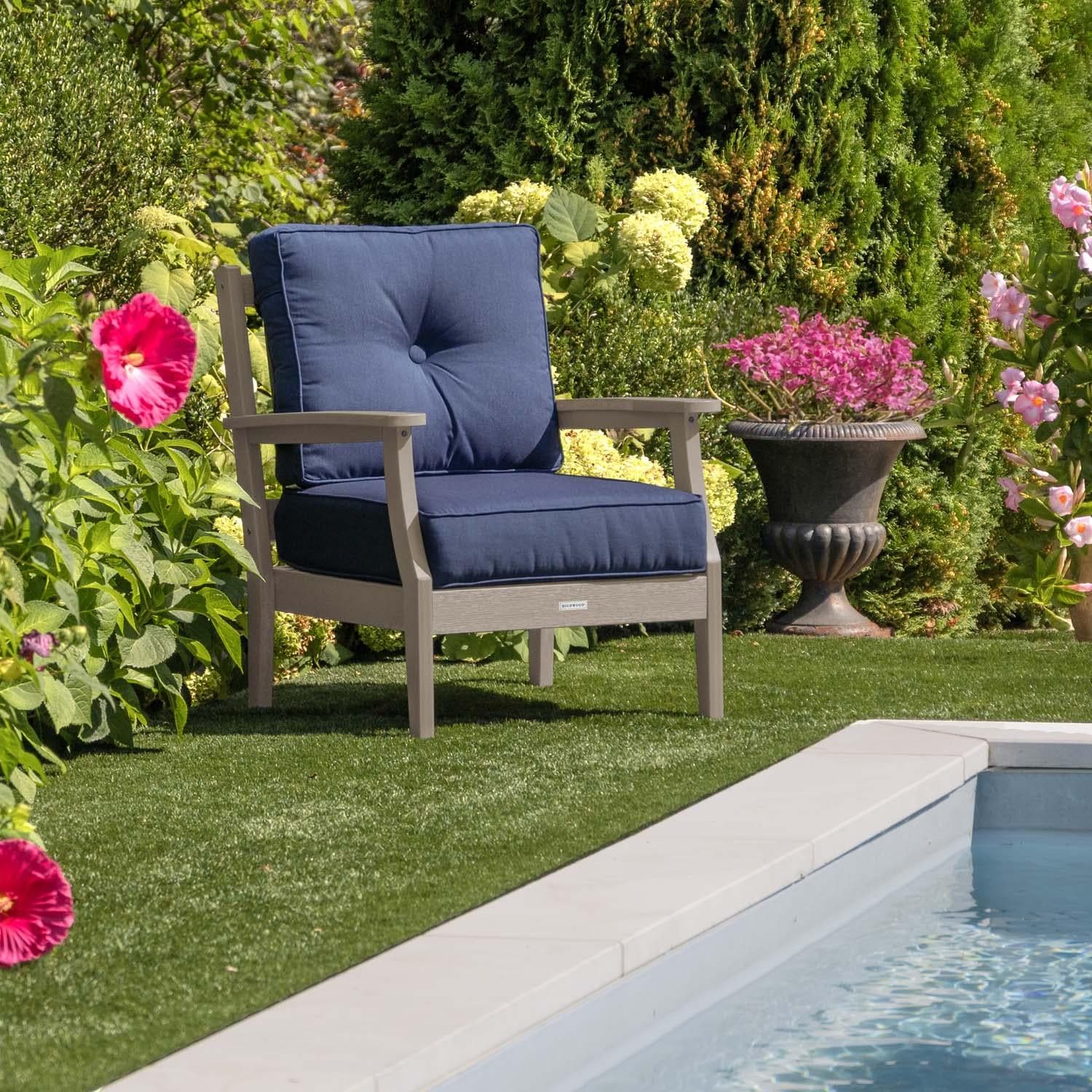 Blushing Bay Recycled Plastic Club Chair in Spectrum Indigo/Woodland Brown by Lakeview Outdoor Designs - In Garden - Lifestyle thumbnail